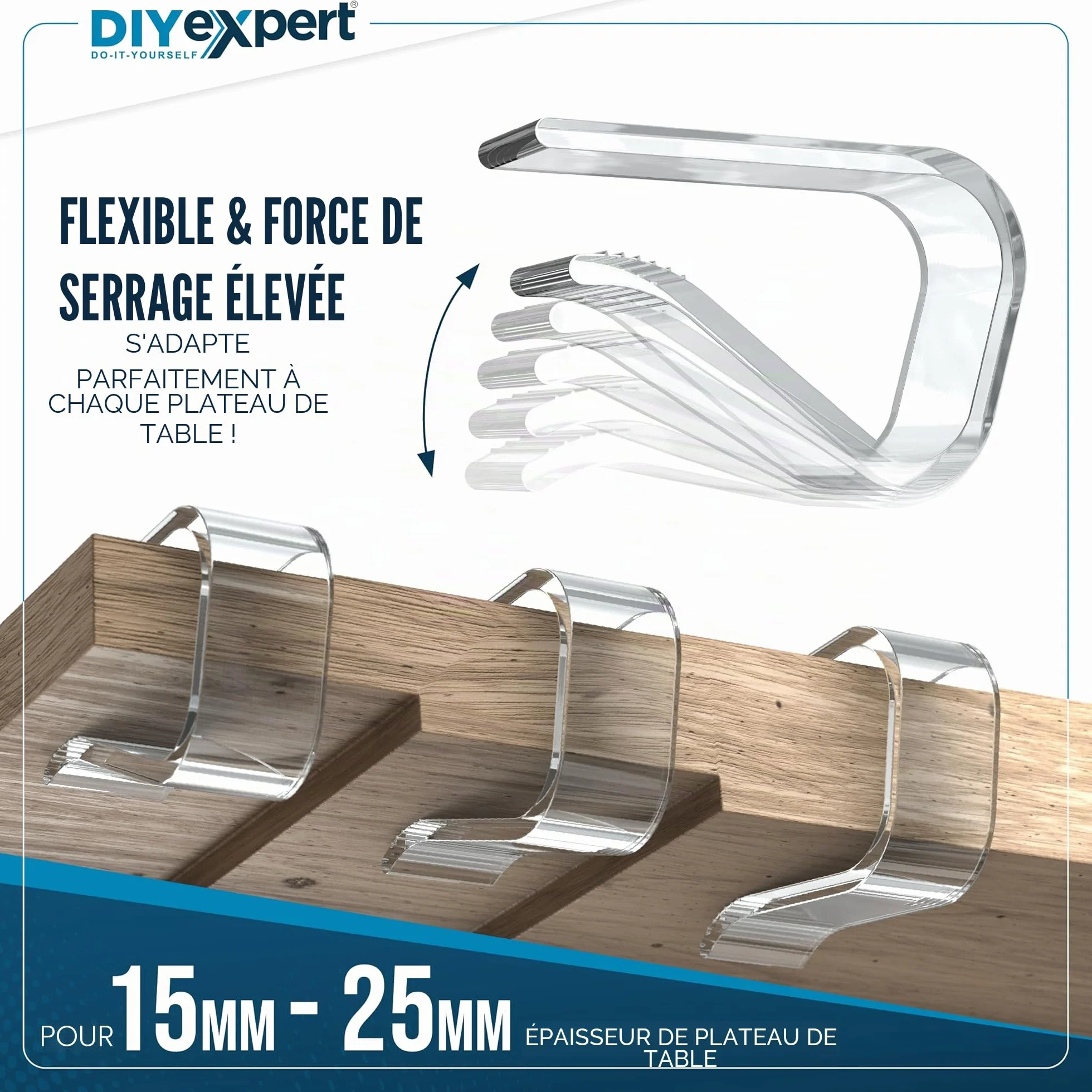 Lot de 4 pinces à nappe en plastique transparent pour tables jusqu'à 27 mm