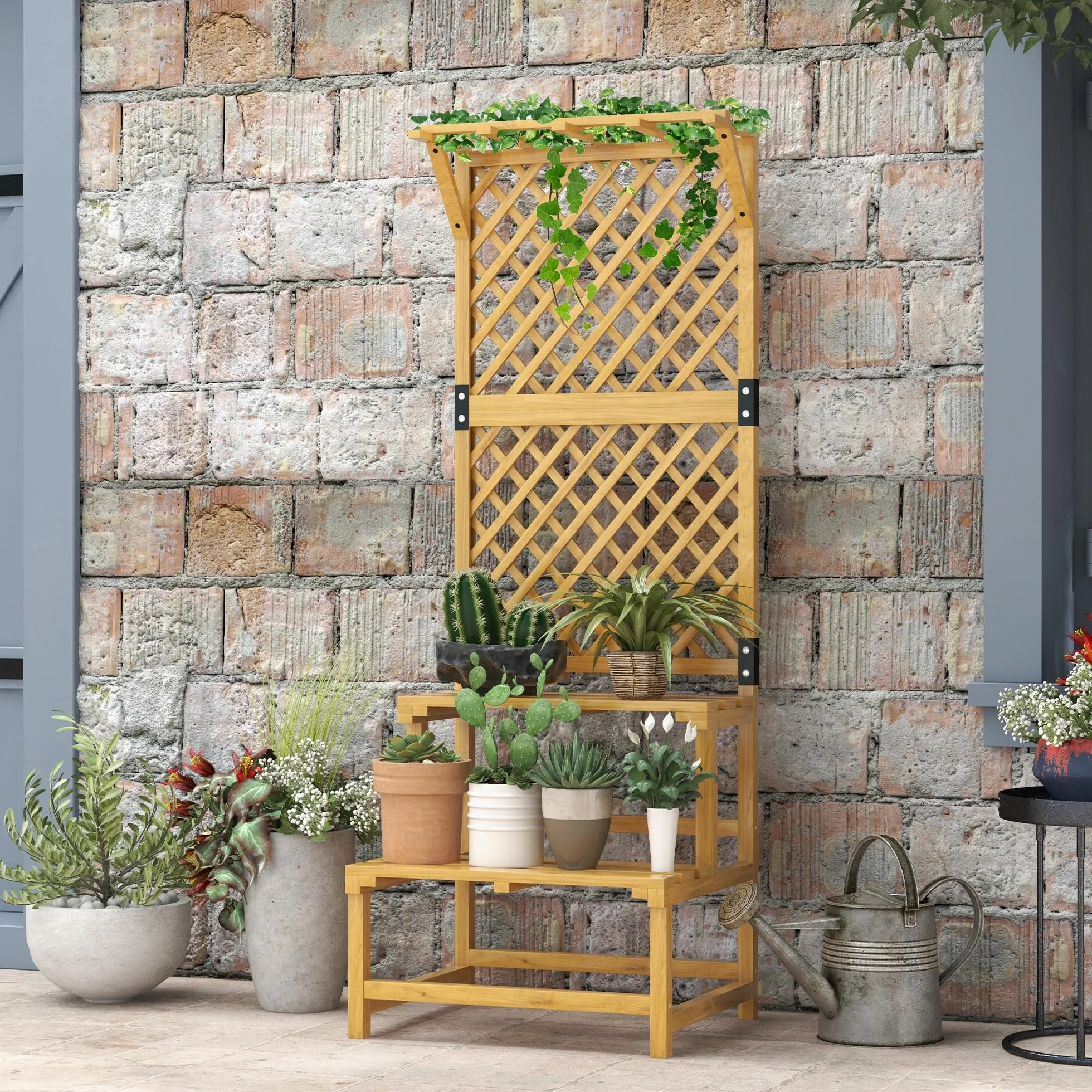 Outsunny Support plantes intérieur porte plante à deux niveaux avec treillis bois massif jaune
