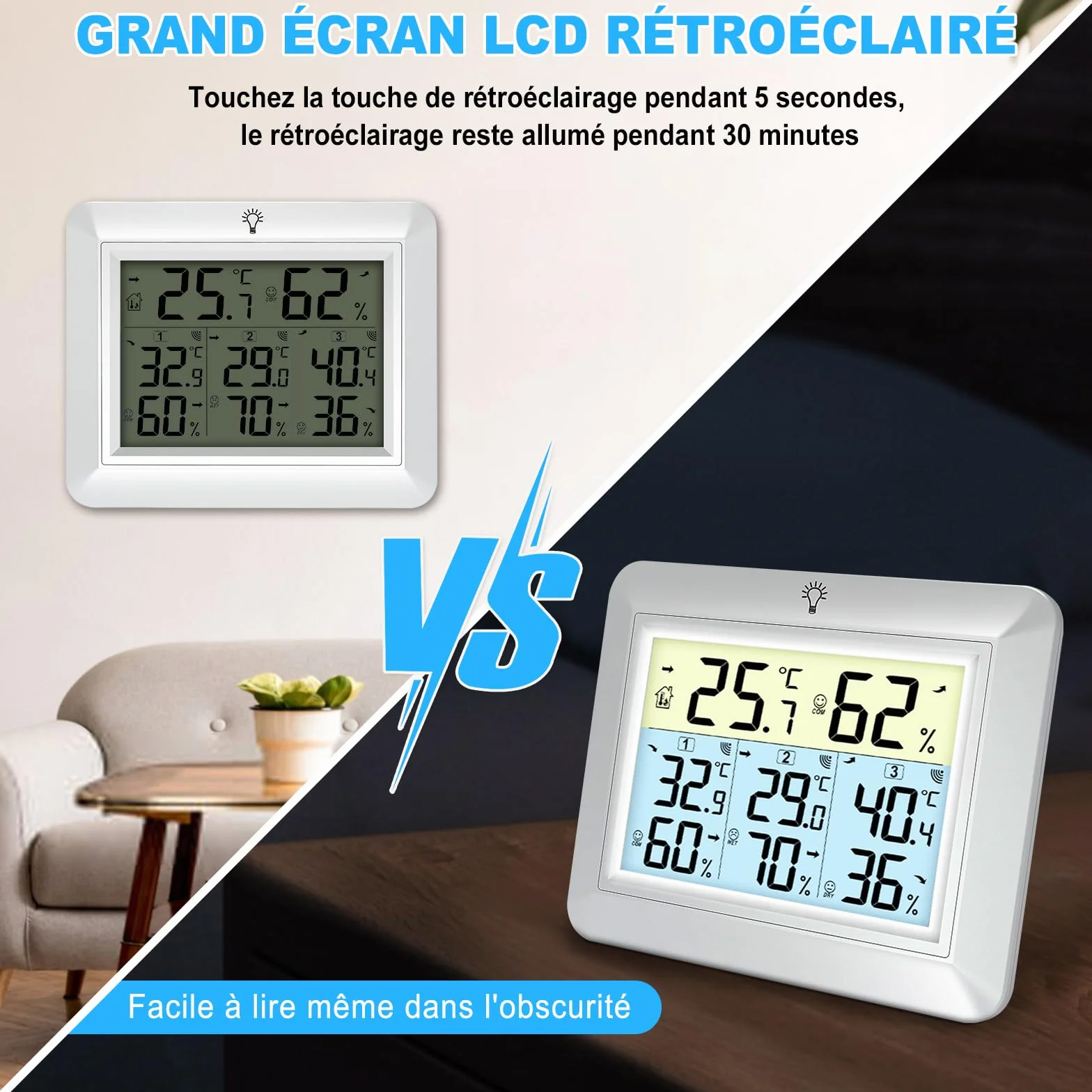 Thermomètre Intérieur Extérieur Sans Fil avec 3 Capteurs, Hygromètre, Portée 100M, Enregistrement MIN/MAX, Blanc