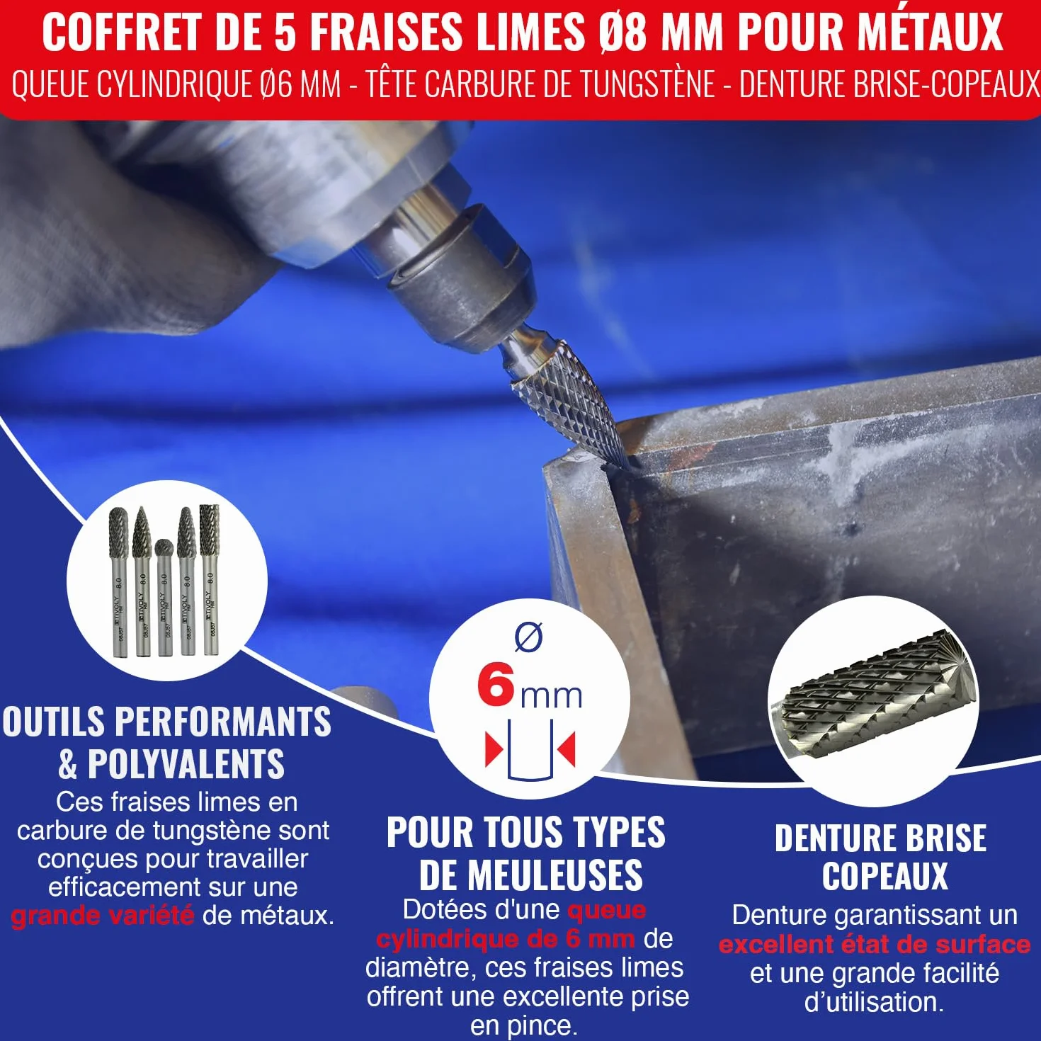 TIVOLY - Coffret de 5 Fraises Limes Ø8 mm pour Métaux - Queue Cylindrique Ø6 mm - Tête Carbure de Tungstène - Denture Brise-Copeaux