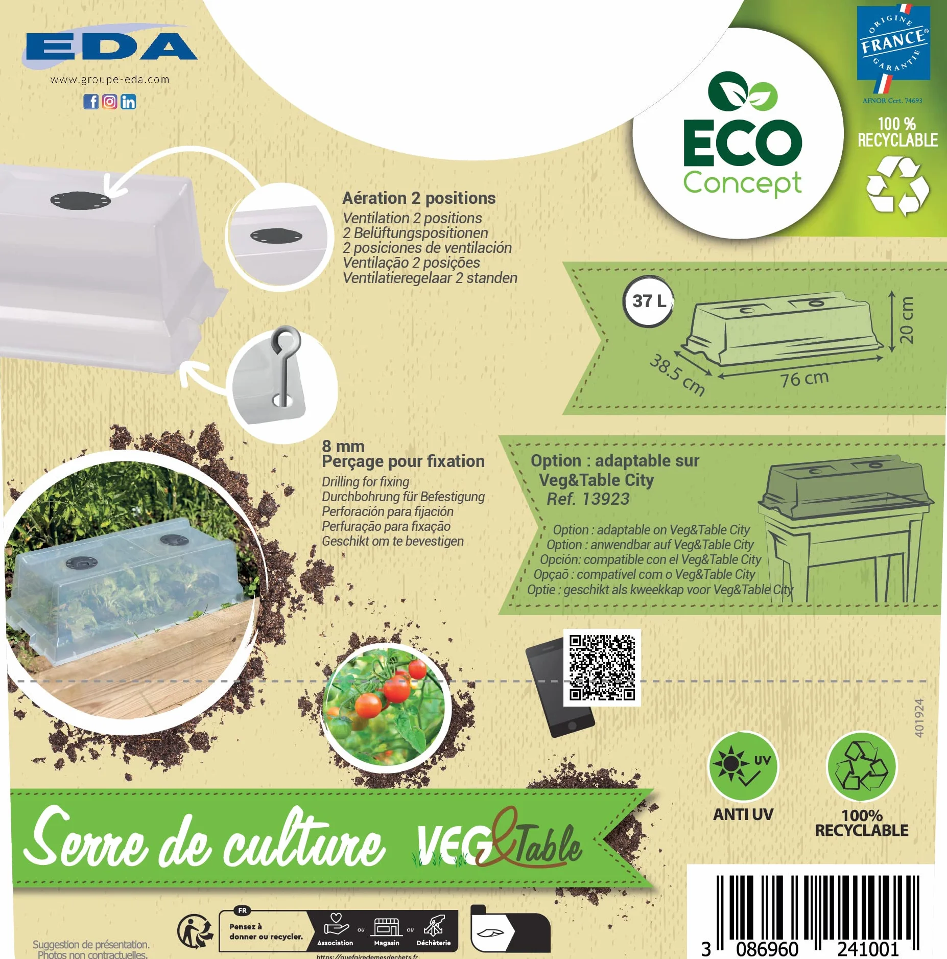 Serre de Culture Compatible Espace Potager Veg&Table City Double Aération Filtrage UV Transparent