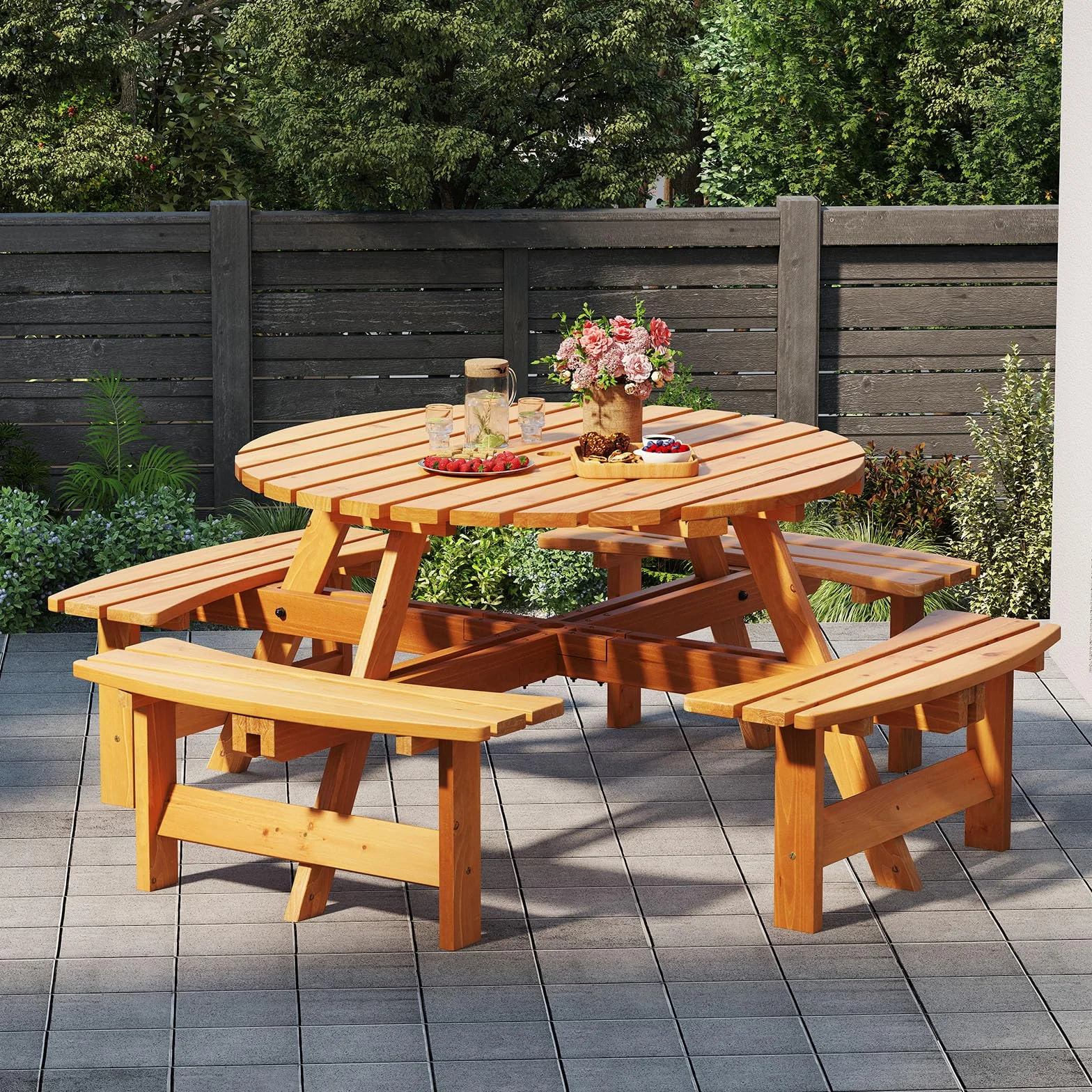 GOPLUS Table Pique-Nique Extérieur 8 Personnes, Salon de Jardin Rond avec 4 Bancs Intégrés, Trou Parasol 5 cm, Charge 100+250KG, Jaune