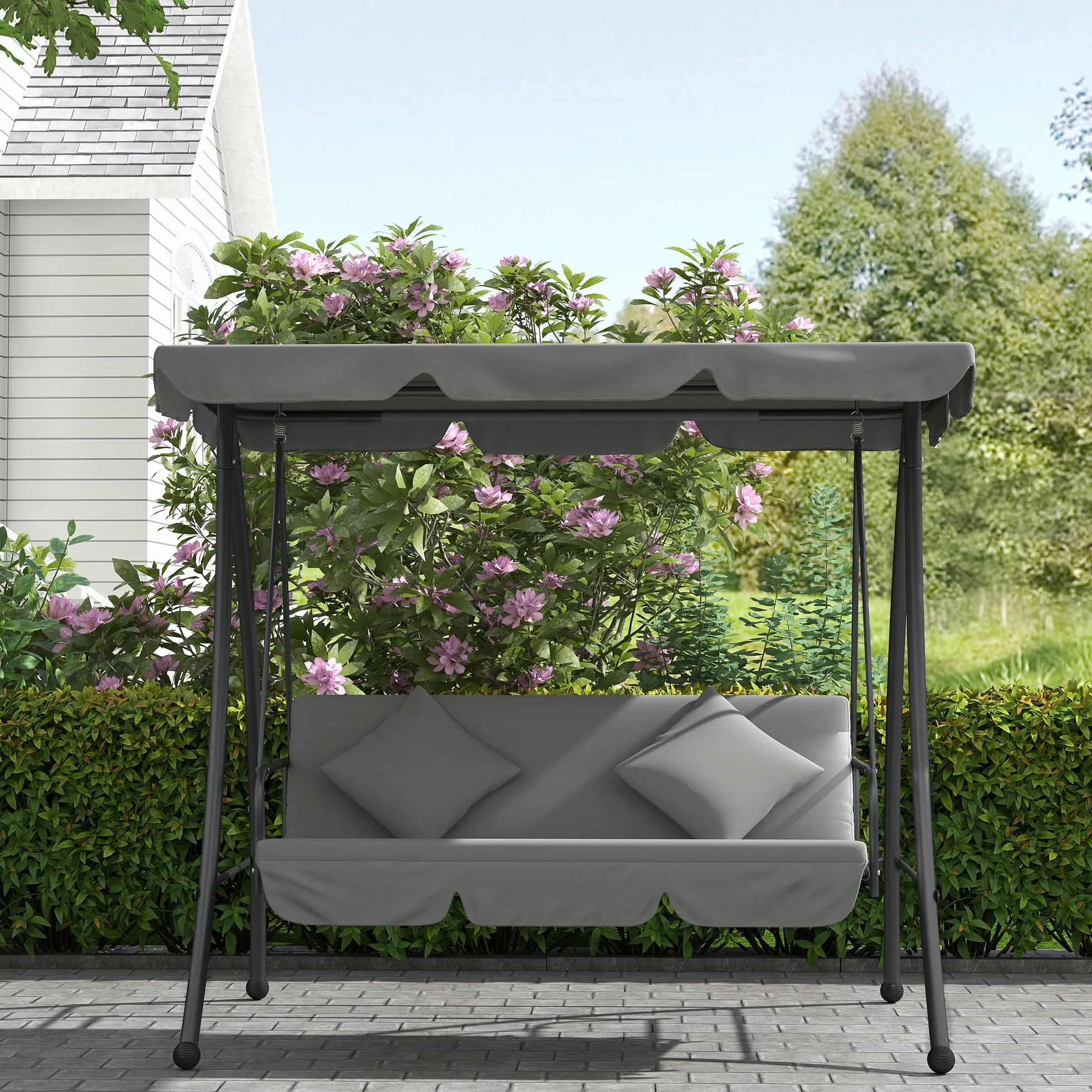 Outsunny Balancelle de Jardin 3 Places Convertible Toit réglable Matelas fourni métal Polyester Noir Gris Clair