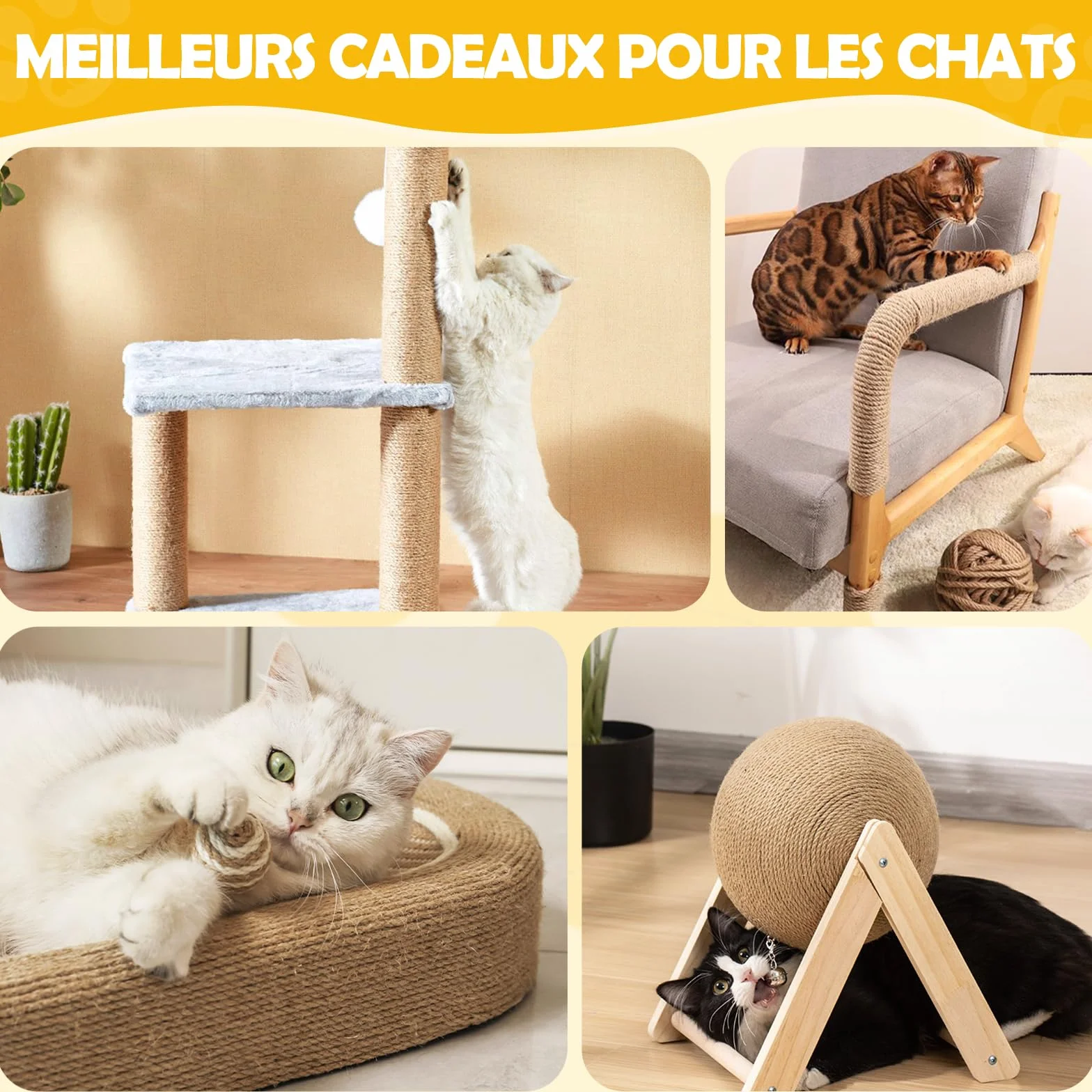 Corde en sisal pour Arbre à Chat, 6 mm x 60 m, Corde en sisal Naturel, Corde à griffer, Renouvellement Griffes Chat - DIY Bricolage