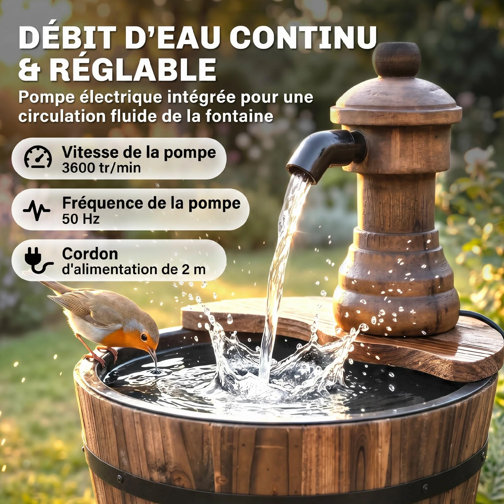 Outsunny Fontaine de Jardin Tonneau Pompe à Eau Submersible Ø 27 x 37H cm Bois de Pin Marron