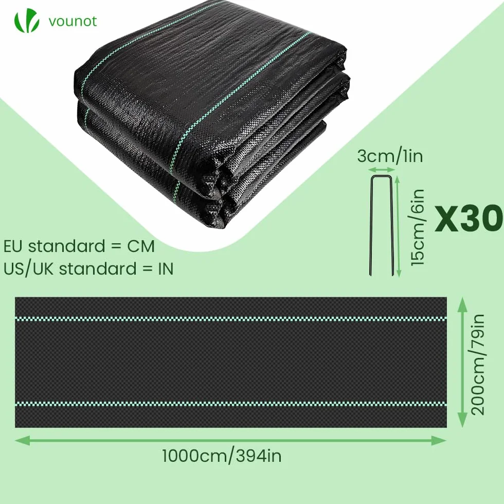 VOUNOT® Toile de Paillage 2Mx10M Anti-UV 100g/m2 Fibres de Polypropylène Tissées avec 30 Piquets