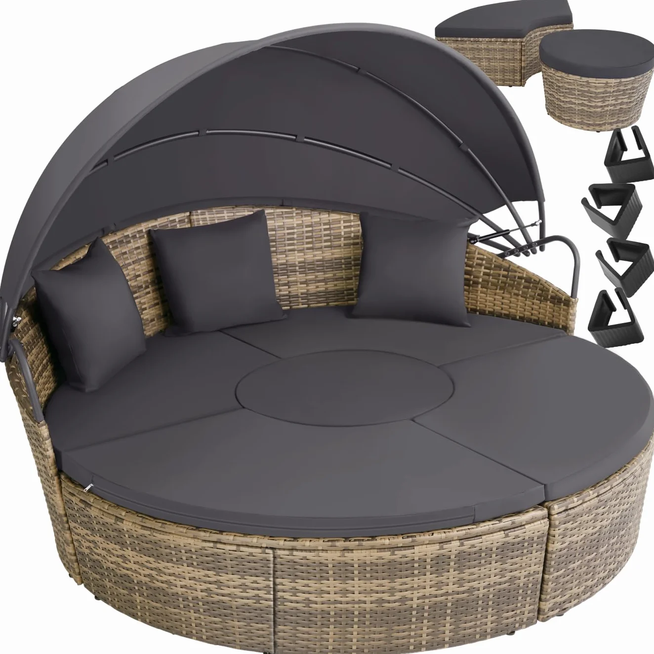 tectake Bain de soleil modulable en résine tressée avec pare soleil pliable, coussins inclus, chaise longue relax pour jardin terrasse