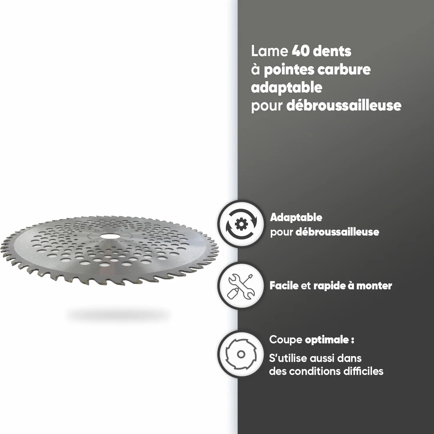 Lame 40 Dents Débrousailleuse Pointe Carbure 255 mm 1,3 mm Alésage 25,4 mm