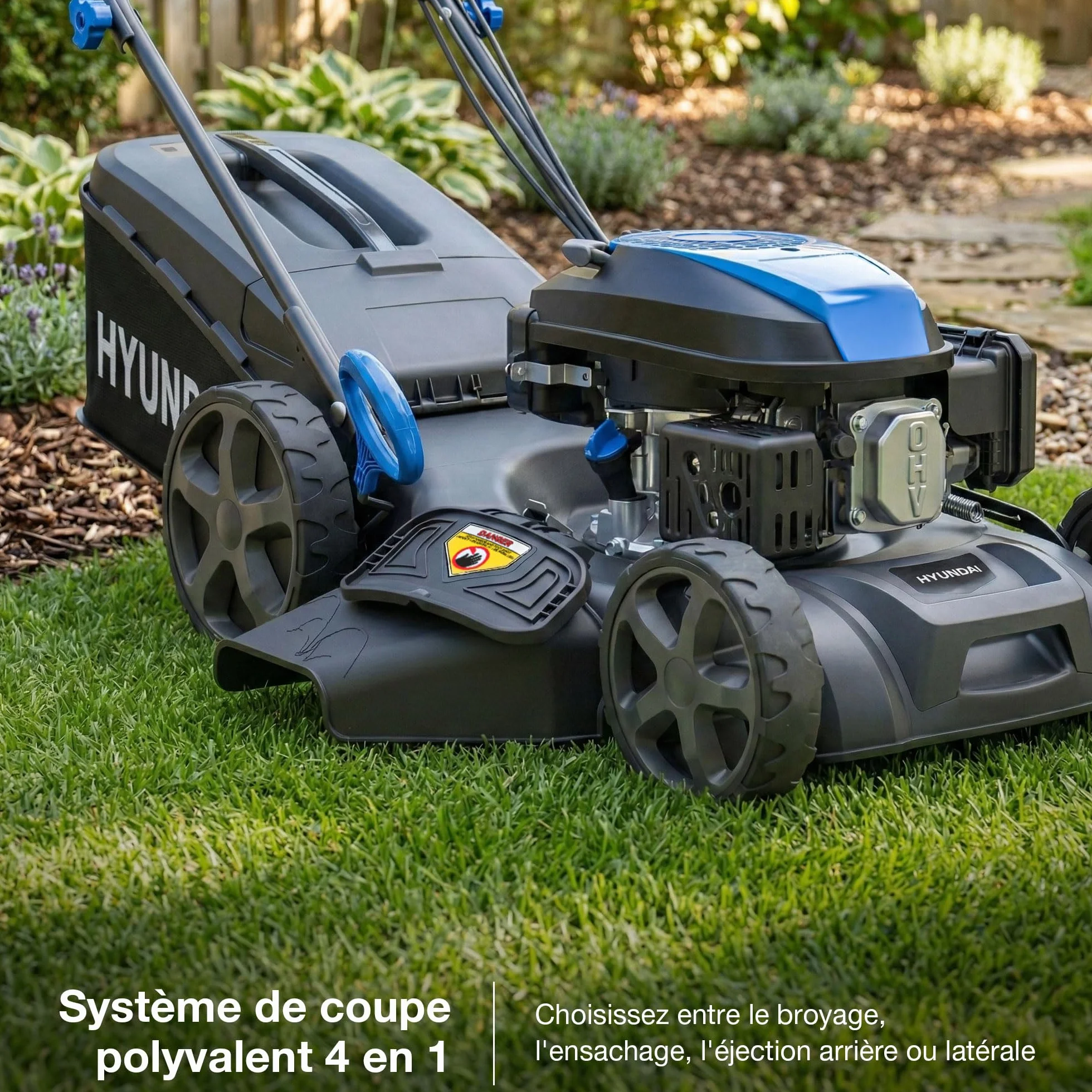 Hyundai Tondeuse à Gazon Thermique Autotractée 46 cm 139 cm3 3,7 CV 4 Temps Bac 60 L Coupe 4-en-1 Mulching Carter Acier HYM18150SPX