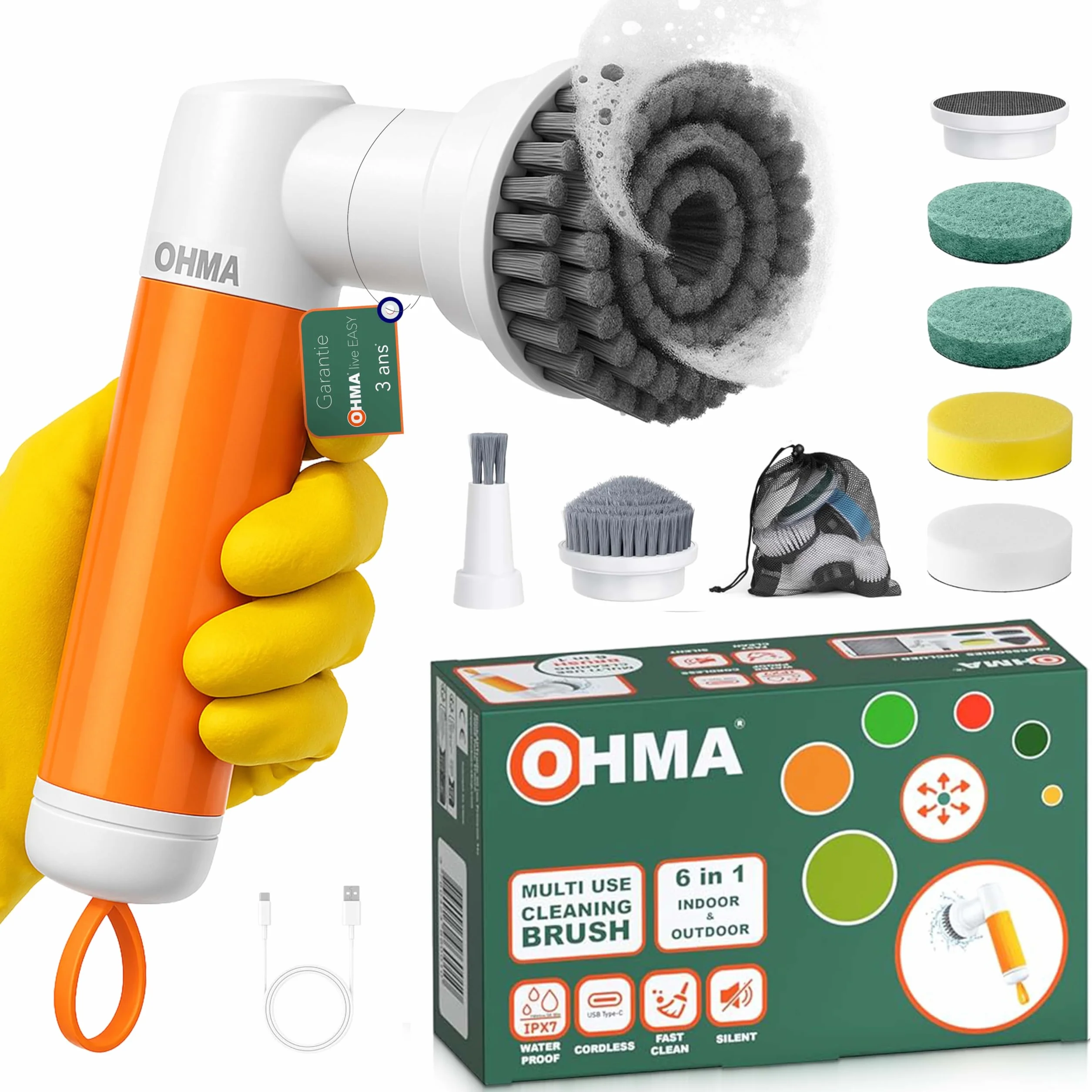 OHMA Brosse Électrique Rotative – 6 Têtes – Jusqu'à 2h30 d'Autonomie – Joints, Carrelage, Douche, Salle de Bain, Cuisine – Étanche IPX7 – USB-C – Garantie 3 Ans