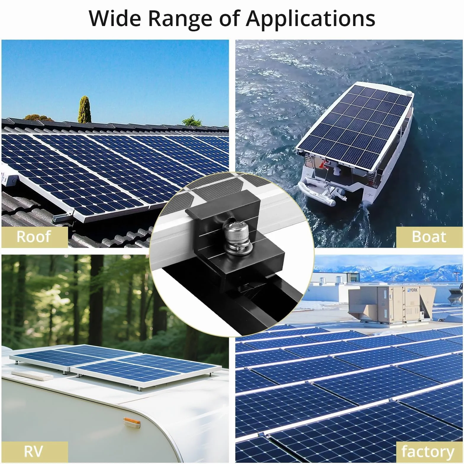 Kit de Fixation pour Panneau Solaire, 10 Rails Courts Aluminium 120mm, 6 Pinces Centrales 30/35mm, 4 Pinces d’Extrémité 30/35mm, 1 Clé de Serrage, Noir