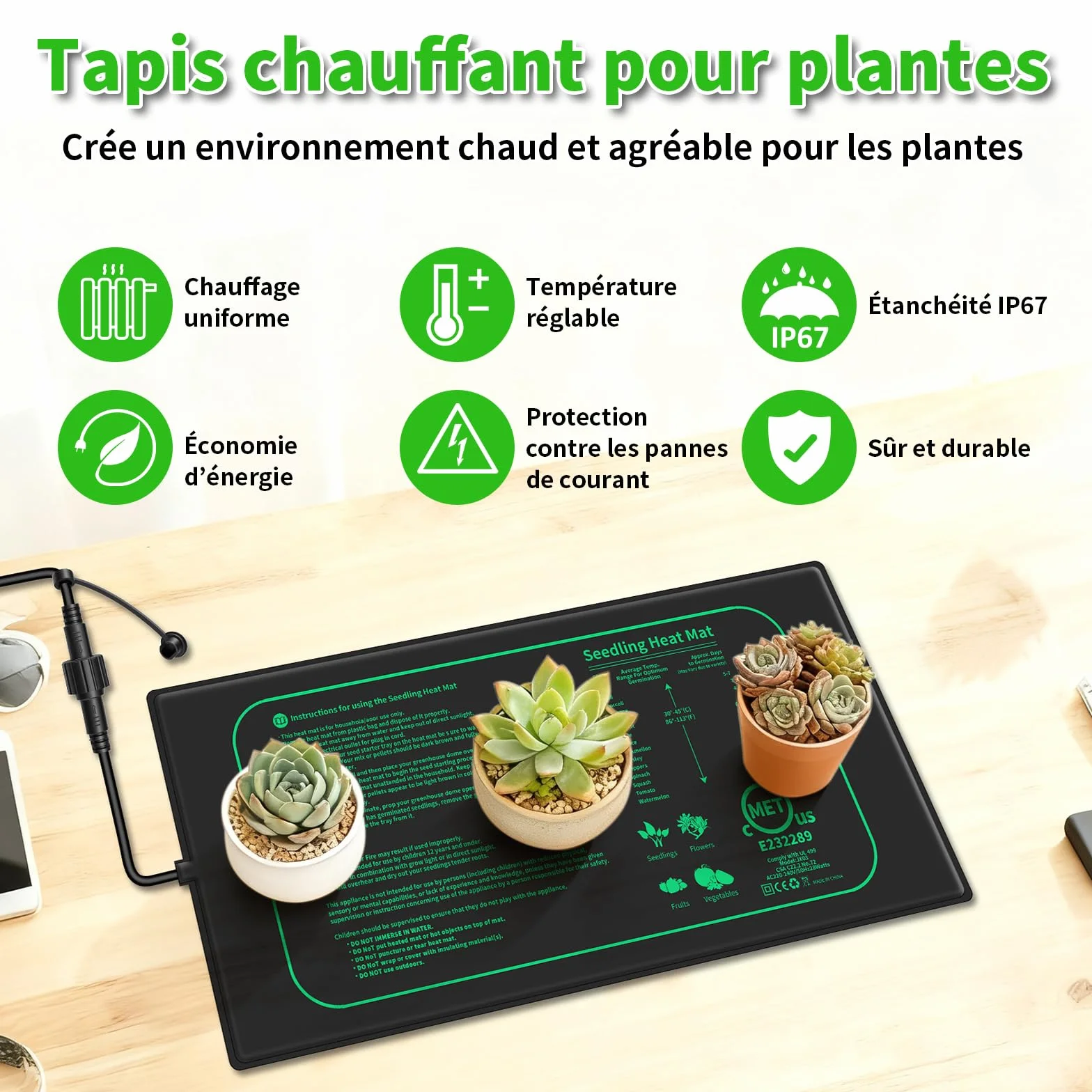 Tapis Chauffants Terrarium 2x 30W avec Contrôleur PVC IP67 Étanche 20-45°C 20×10 inch