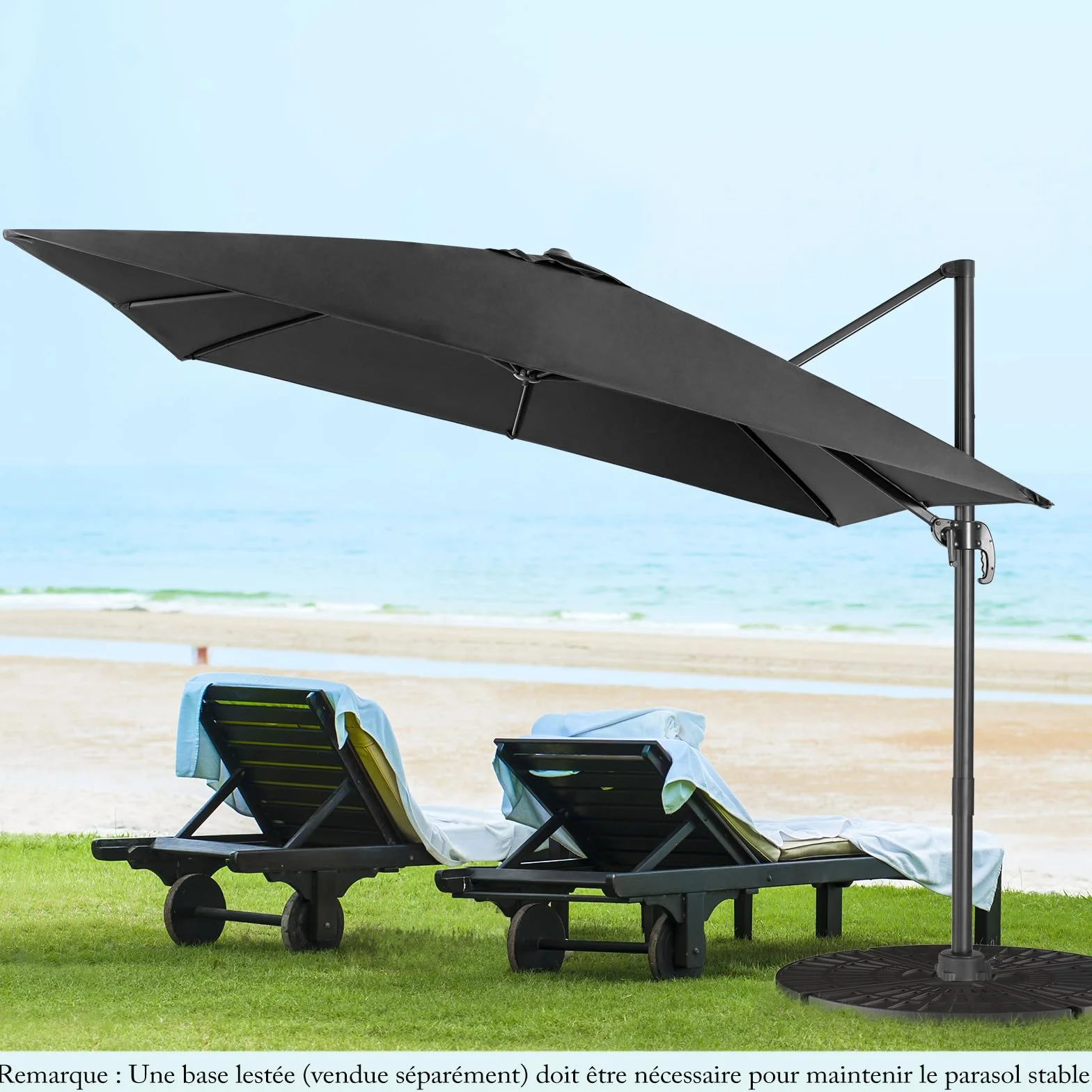 RELAX4LIFE Parasol Déporté Rectangulaire 3x3M Inclinable Rotative 360° Pédale Polyester Anti-UV Jardin Exterieur Noir