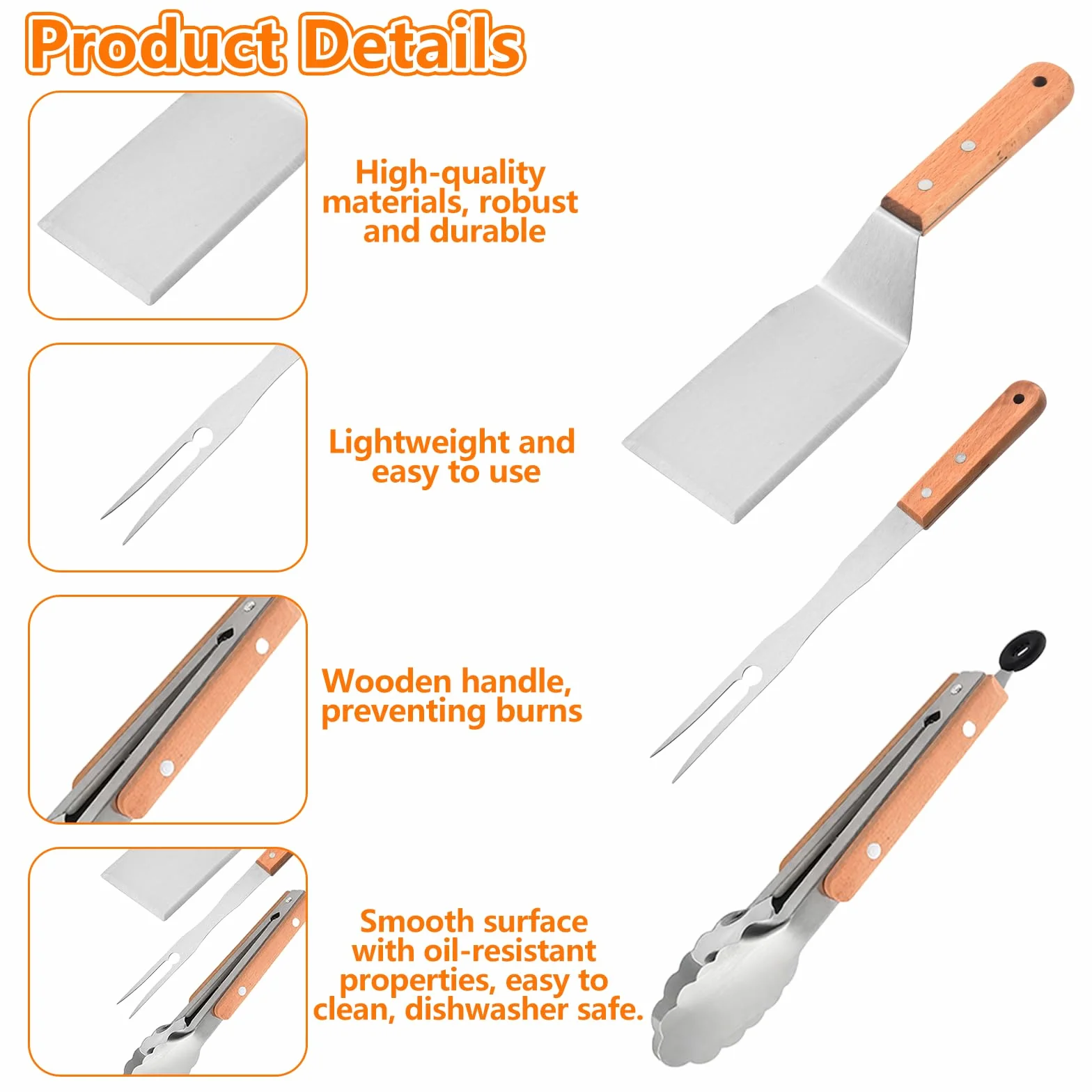 Ensemble de 3 Grattoirs Plancha - Spatule Inox, Pince et Fourchette à Viande, Accessoire Barbecue