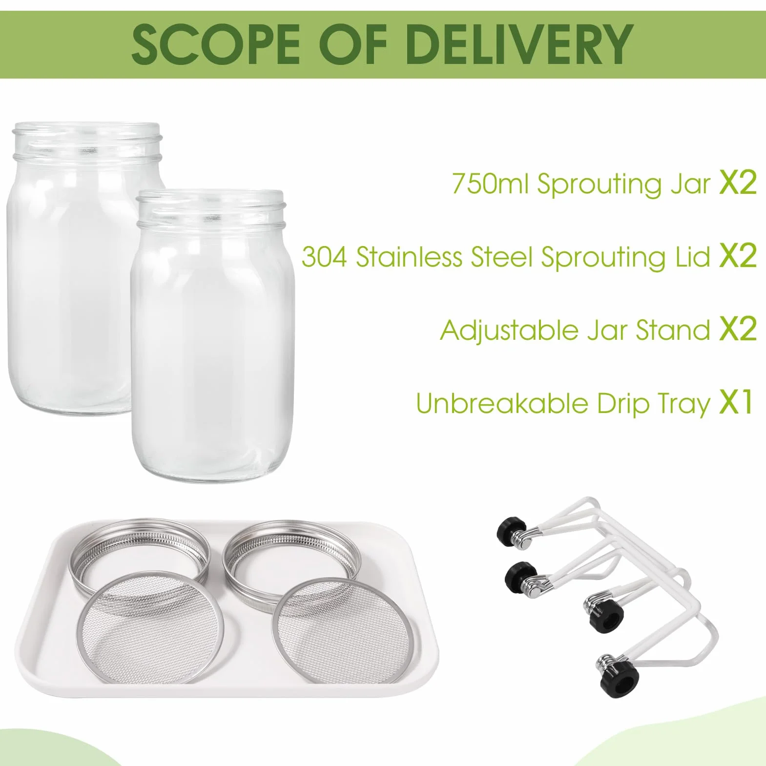 Bocal de Germination de Graines en Verre, 2 Couvercle Grille Acier Inoxydable, Kit Germoir