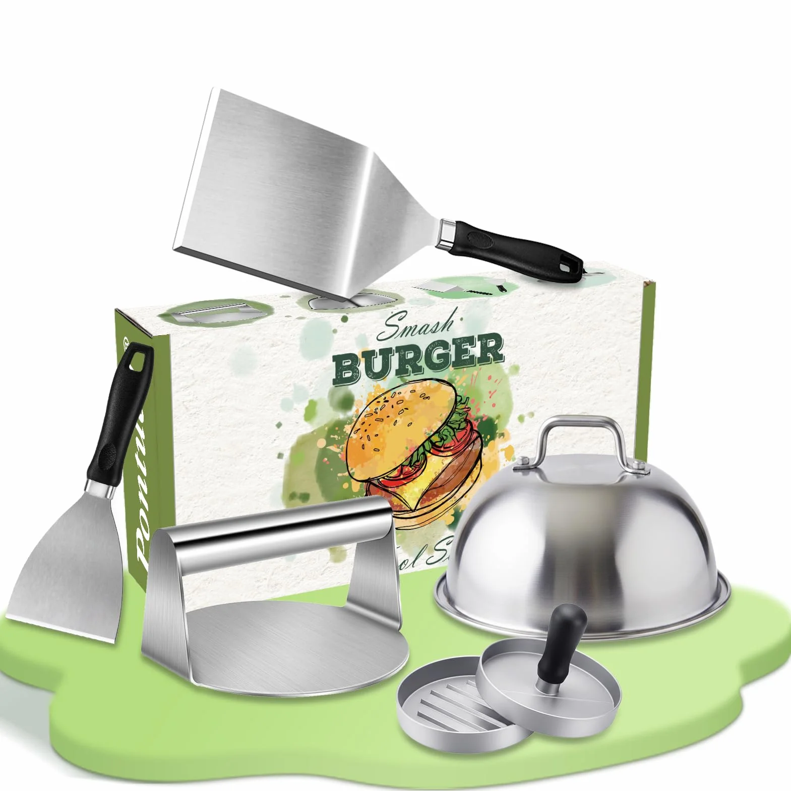 Smash Burger Set 5 Pièces, Kit Accessoires Plancha Acier Inoxydable pour Grill Teppanyaki, Presse Burger, Cloche Cuisson, Spatule Large Grattoir