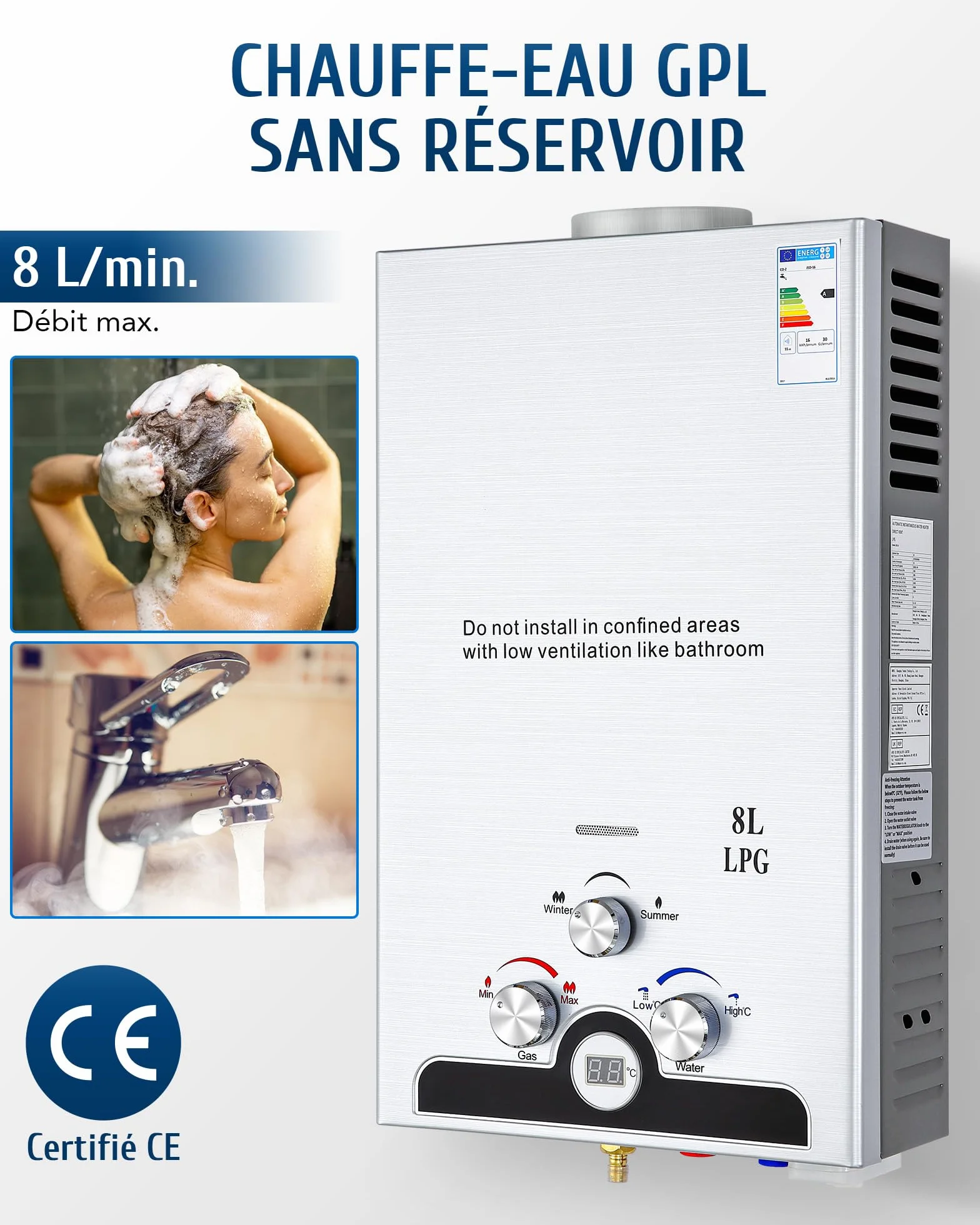 CO-Z Chauffe-Eau à Gaz Instantané 8LPM 13,6kW LPG GPL Acier Inoxydable CE Portable Maison Camping Caravane