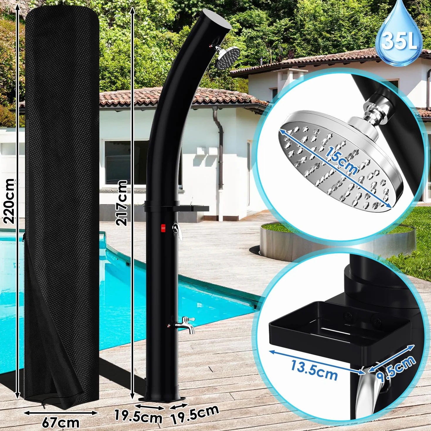 Douche Solaire Arquée 35 L avec Capot de Protection et Pommeau 360° Température Réglable 60°C