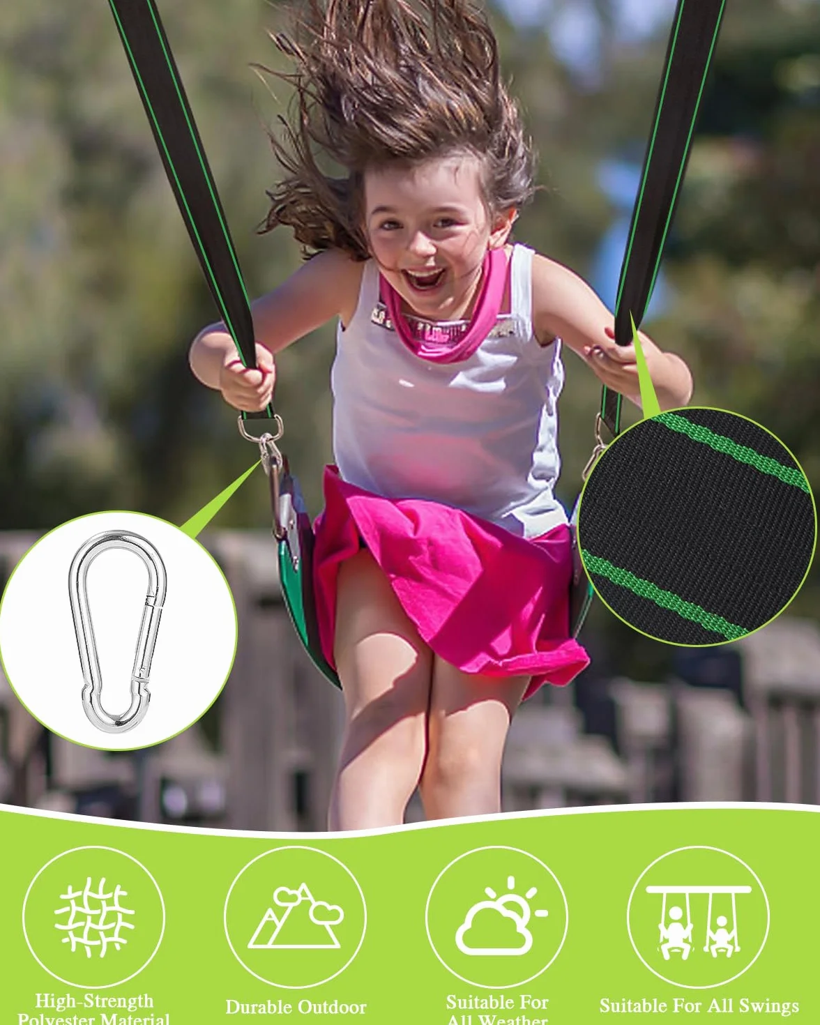 Sangle de Suspension 2 x 200 cm avec D-Ring, Protection d'Arbre pour Balançoire et Hamac Vert