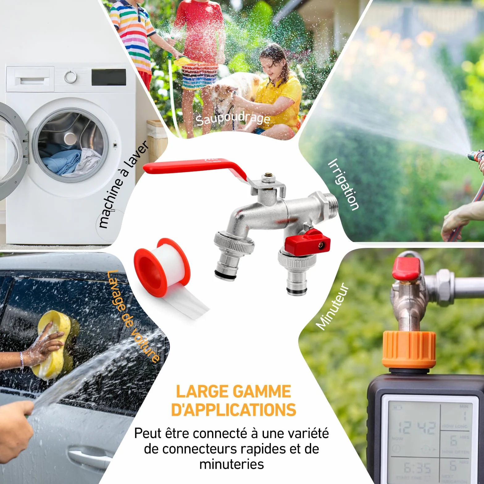 Robinet de Jardin Premium à Double Sortie 1/2" - 3/4" Laiton Argent Aqua Control G6354