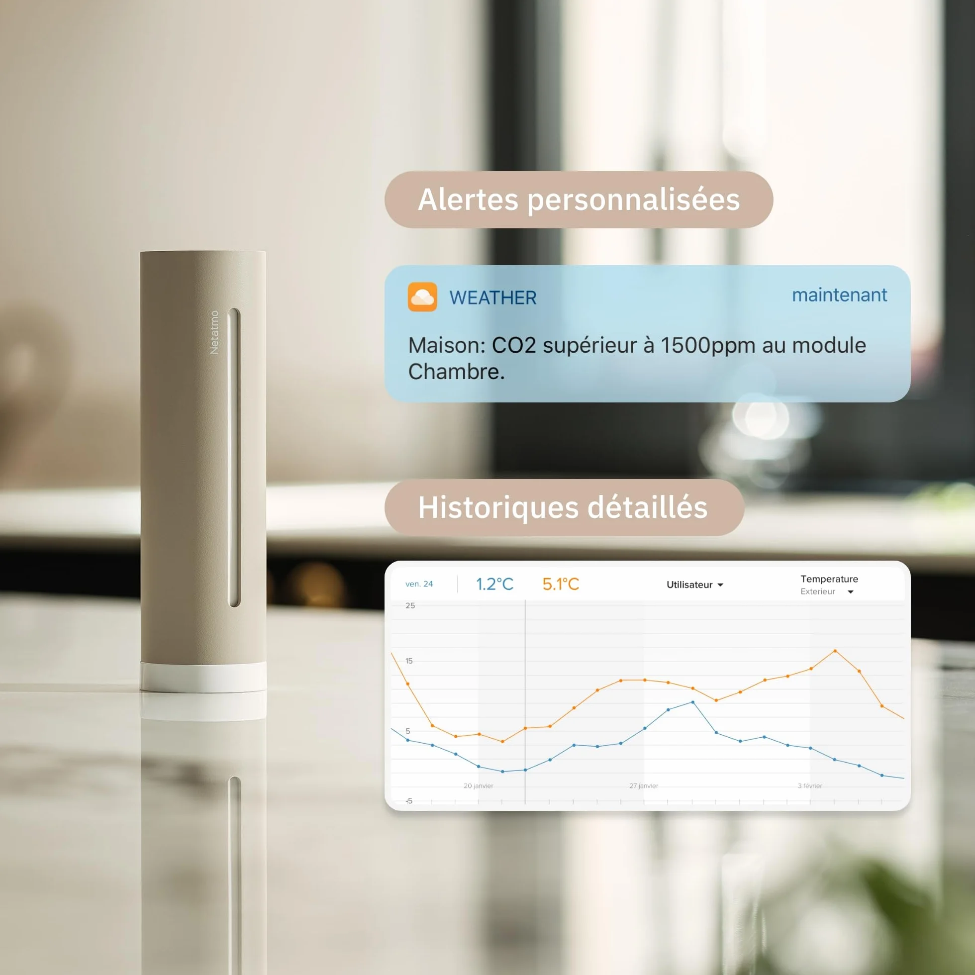 Netatmo Station Météo 2e génération Intérieur Extérieur Température Humidité Qualité de l'air UV Pollens Prévisions Compatible Apple Alexa Google Sable NWS-S-EC