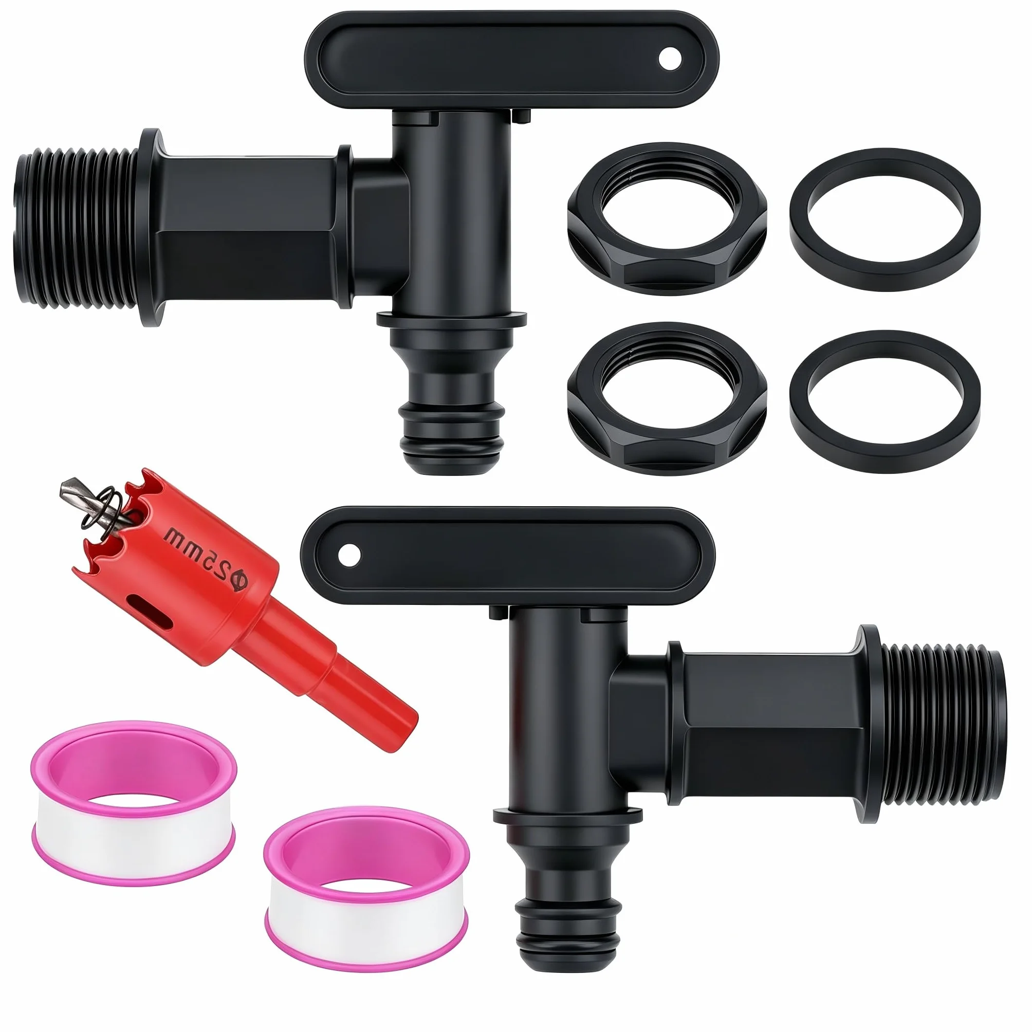 Lot de 2 robinets pour tonne à eau en plastique avec joint et perceur, adaptateur 3/4 pouces, Noir
