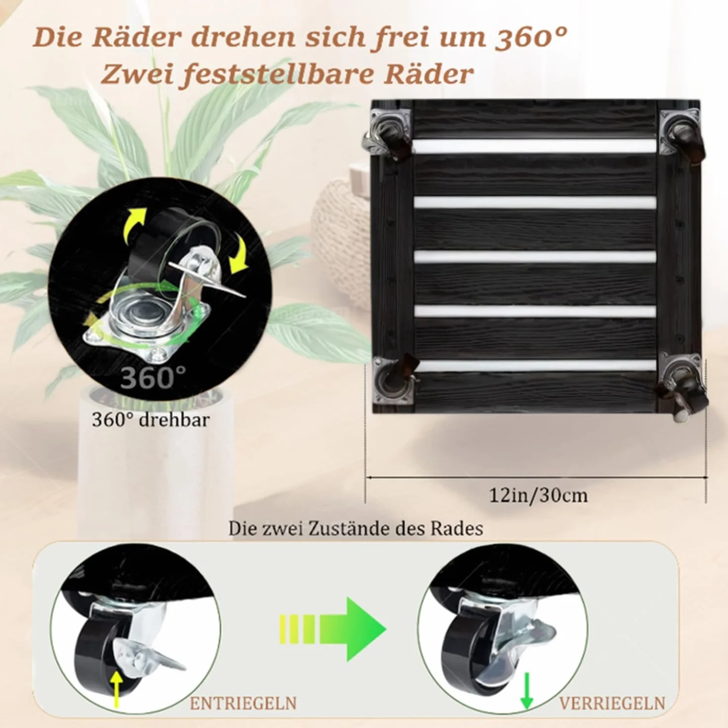 Lot de 2 roulettes pour plantes, pot de fleurs, soucoupe avec roues verrouillables 360°, planche à roulettes robuste en bois, résistant aux intempéries