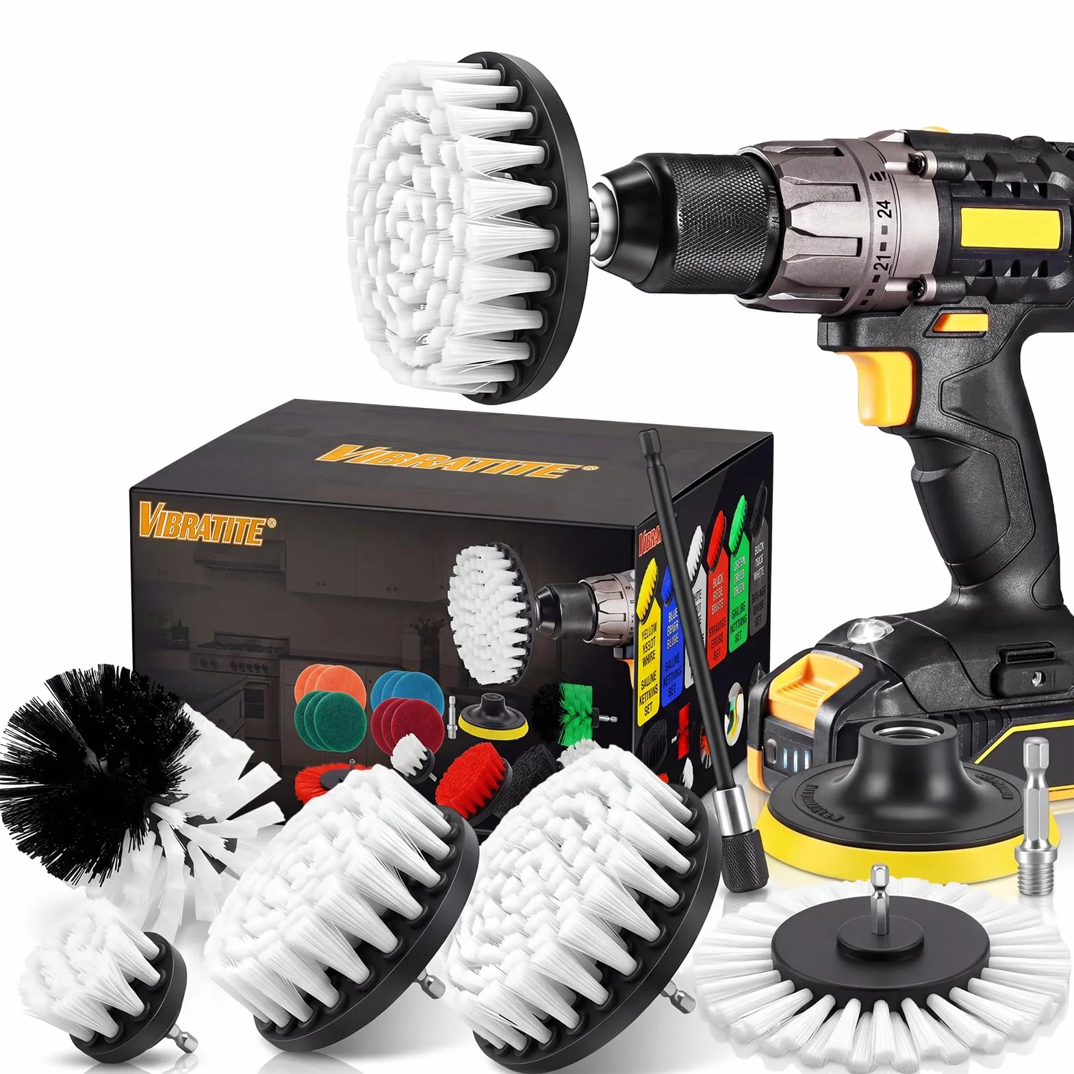 VIBRATITE 20 Pièces Brosse Nettoyage Perceuse, Multifonctionnel Brosse Visseuse Nettoyage Kit pour Salle de Bain, Cuisine, Tapis, Sol, Carreaux, Voiture, Jantes - Blanc Drill Brush