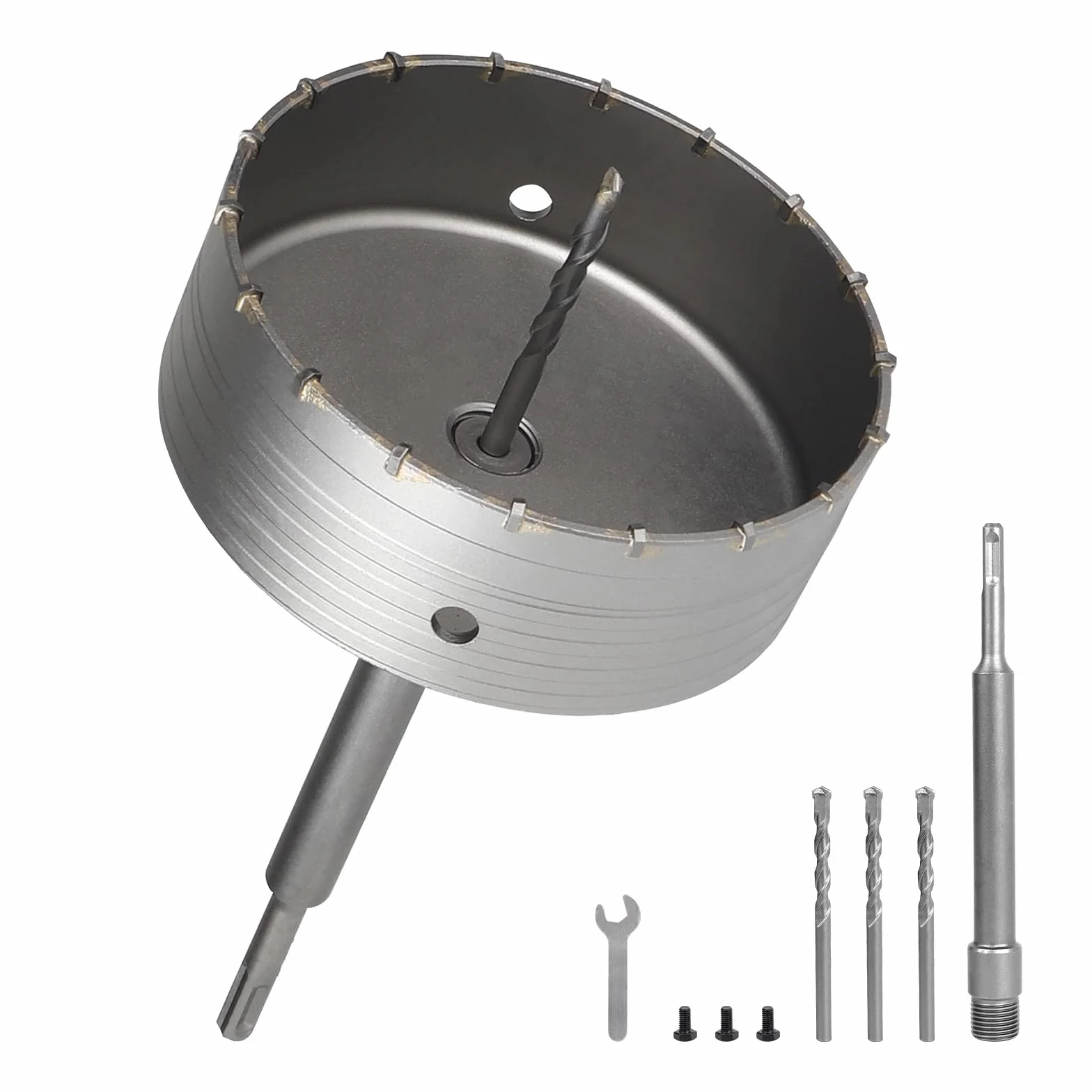 EXLECO Scie Cloche Beton 160mm Carotteuse à Sec Scie Trépan Béton Carotteuse Trépan Beton Scie à Cloche Trépan avec 220mm Adaptateur SDS Plus 3 Foret de Centrage, Trépan Couronne pour Ciment Brique