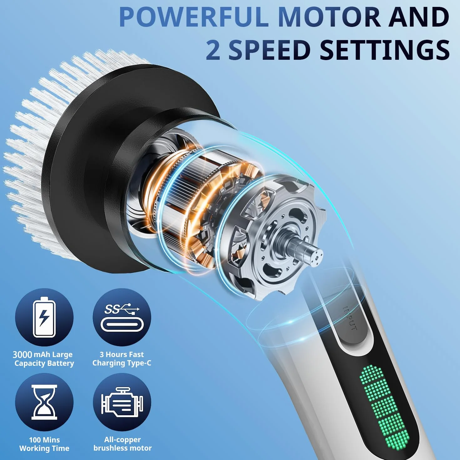 FYDEE Brosse Nettoyage Electrique, Brosse Rotative Nettoyage avec Batterie 3000mAh, 7 Têtes Interchangeables, Manche Réglable, IPX7 Étanche, 2 Vitesses, Idéale pour Salle de Bain, Maison et Cuisine