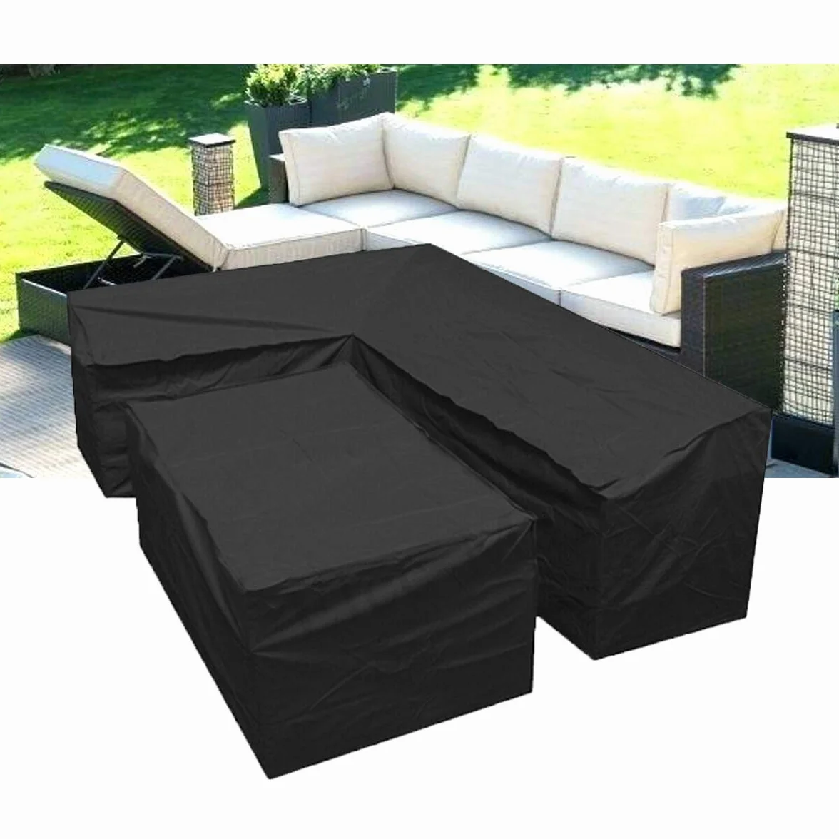 Housse protection canapé jardin forme L 210D bache cordons serrage