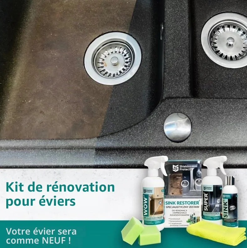 Shieldon Protects Kit de Rénovation pour Éviers en Granit et Composite - Nettoyant Pierre Naturelle, Anti-Calcaire et Imperméabilisant Hydrofuge pour Pierre Cuisine - Avec 2 Éponges et Chiffon
