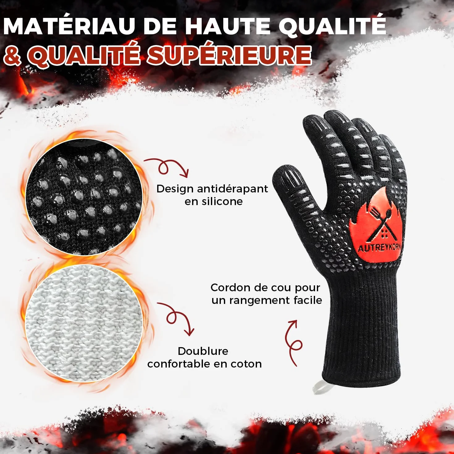 Gants de Cuisine Résistants jusqu'à 800°C en Aramid Ignifugé EN407 Antidérapants Noir L/XL/XXL
