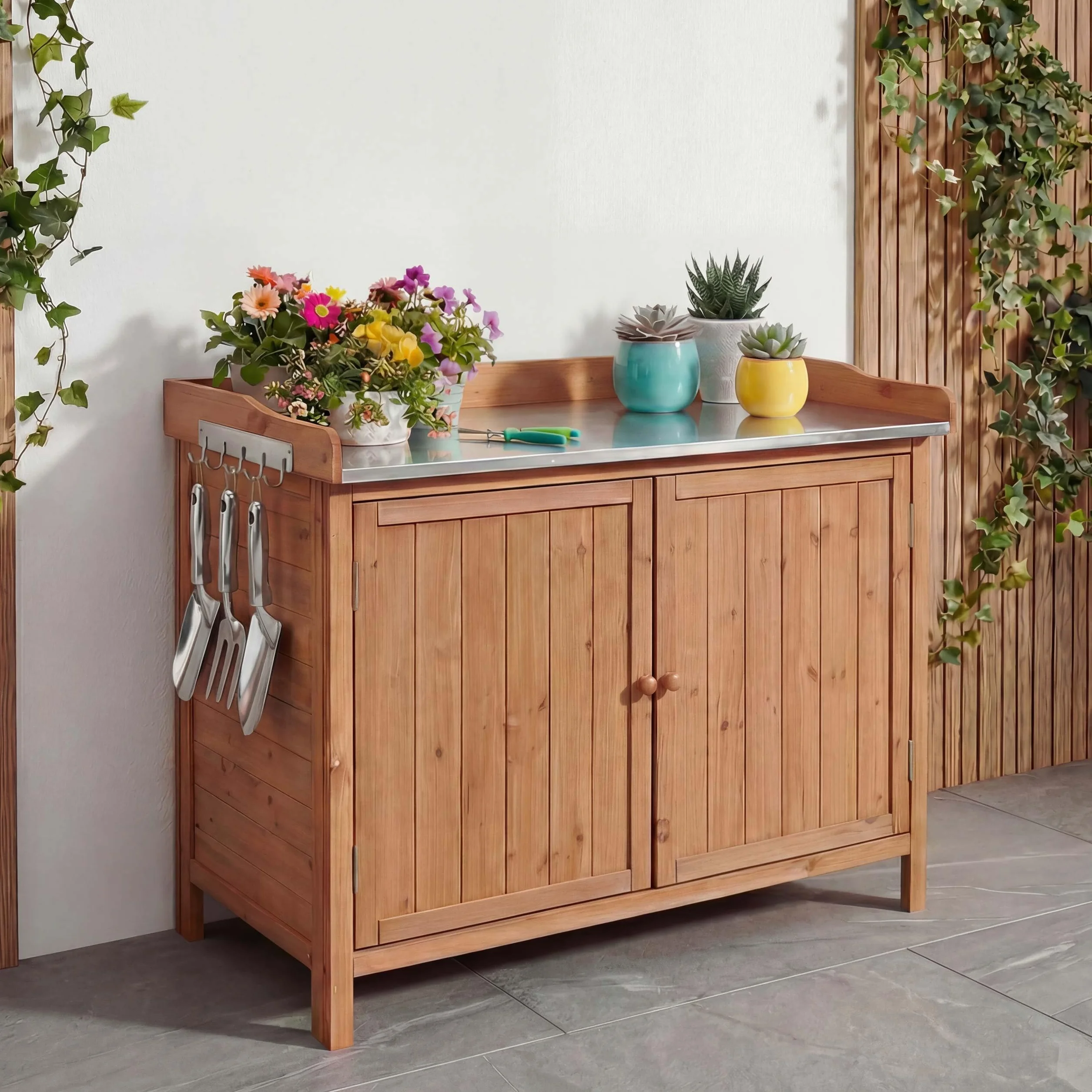 Meuble de Jardin avec Plan de Travail HWC-L69 86x104x52cm Marron
