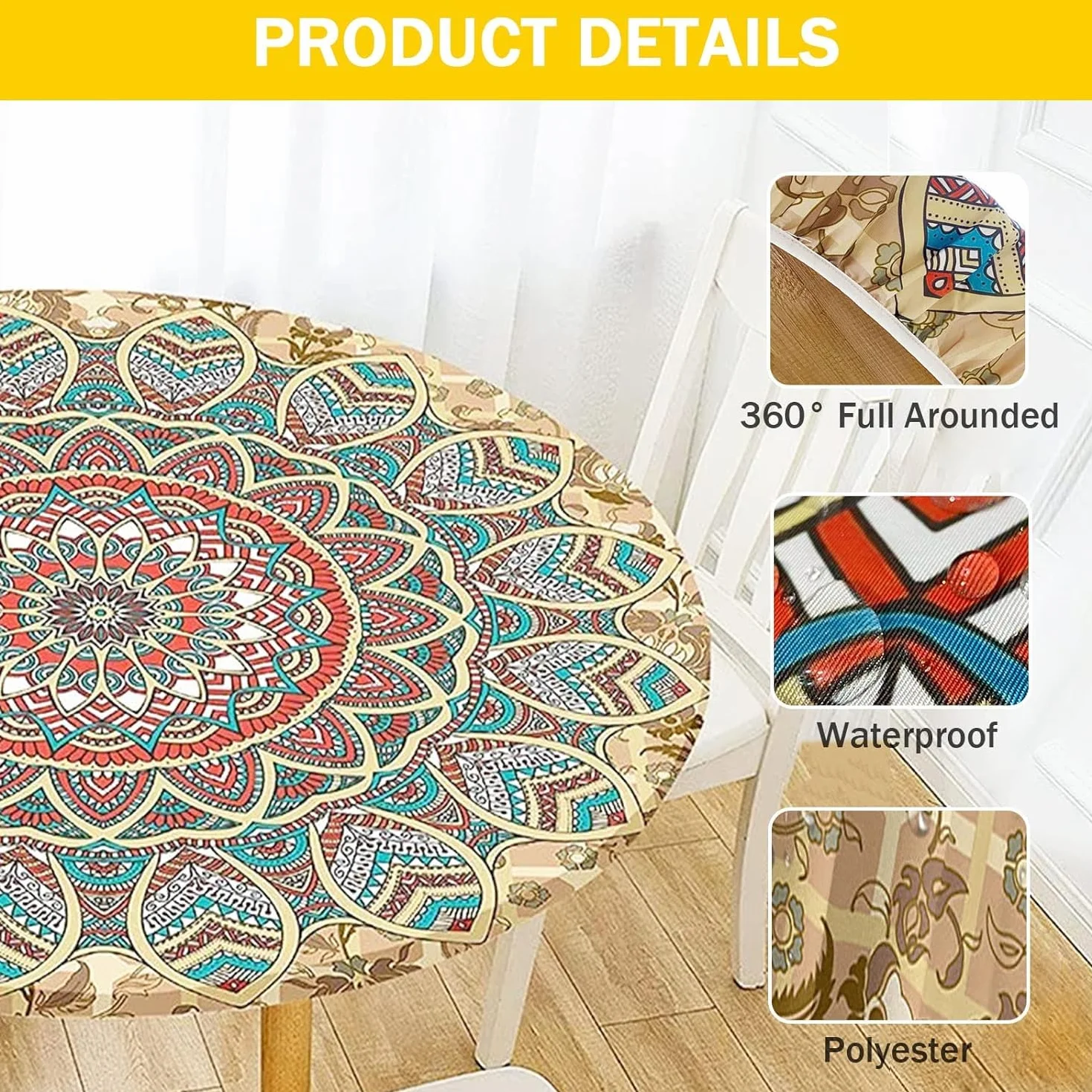 FANSU Nappe Ronde Imperméable 120 cm Mandala Polyester Anti Taches Lavable pour Table 100-110cm