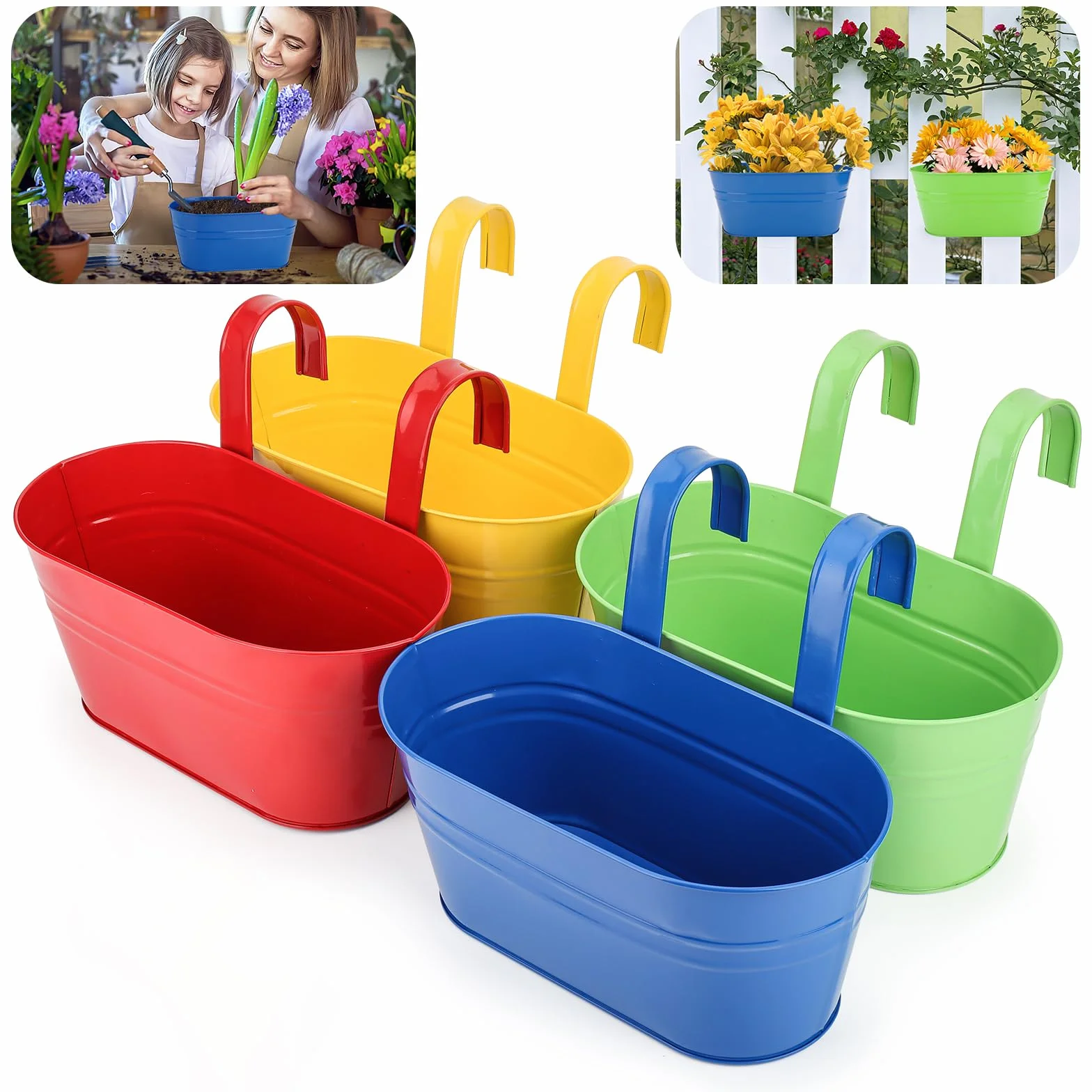 Lot de 4 pots de fleurs suspendus en métal 27,5 cm avec crochets amovibles