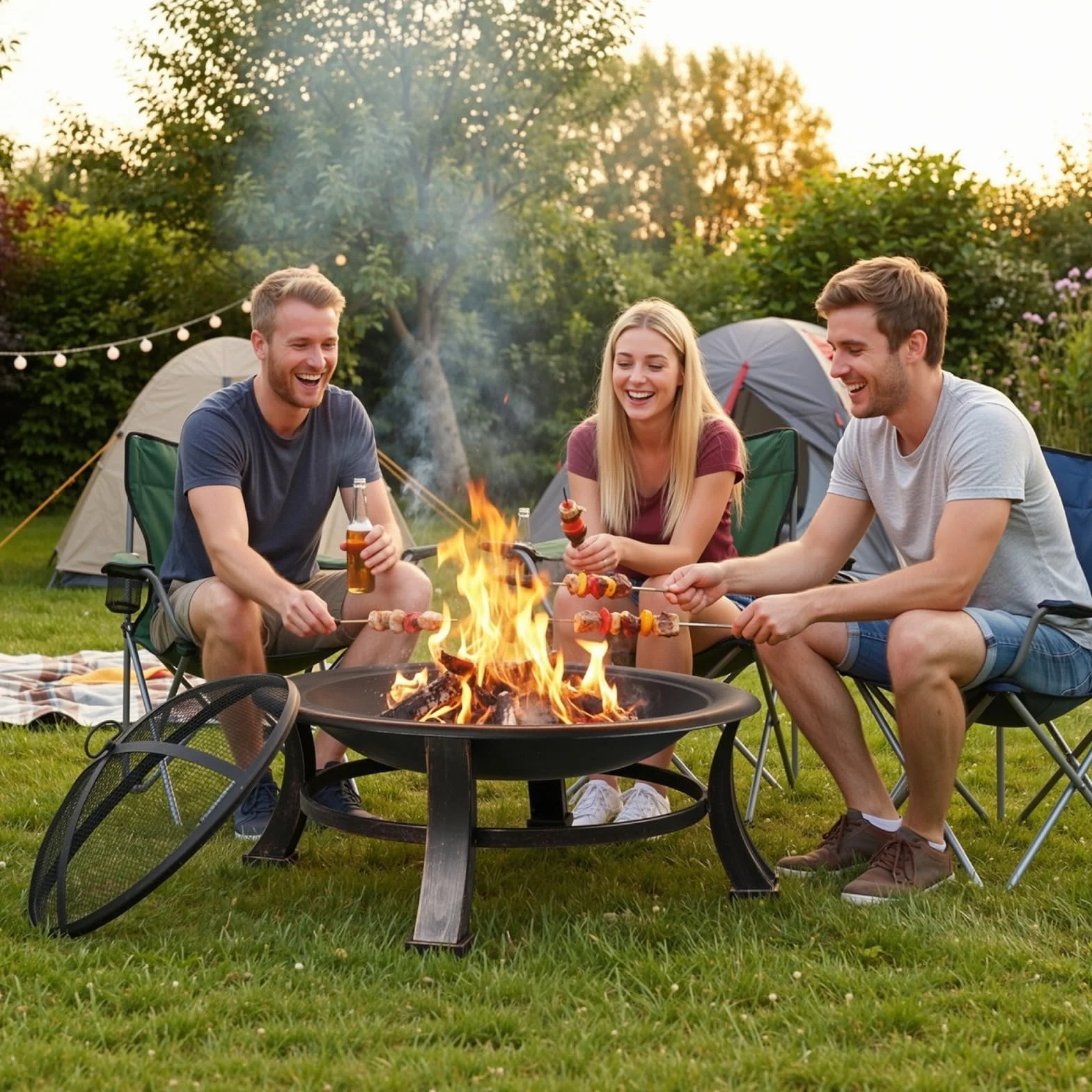TLGREEN Brasero Exterieur Ø 76 cm avec Grille Barbecue Rétro Jardin Terrasse Foyer Extérieur Noir Grand