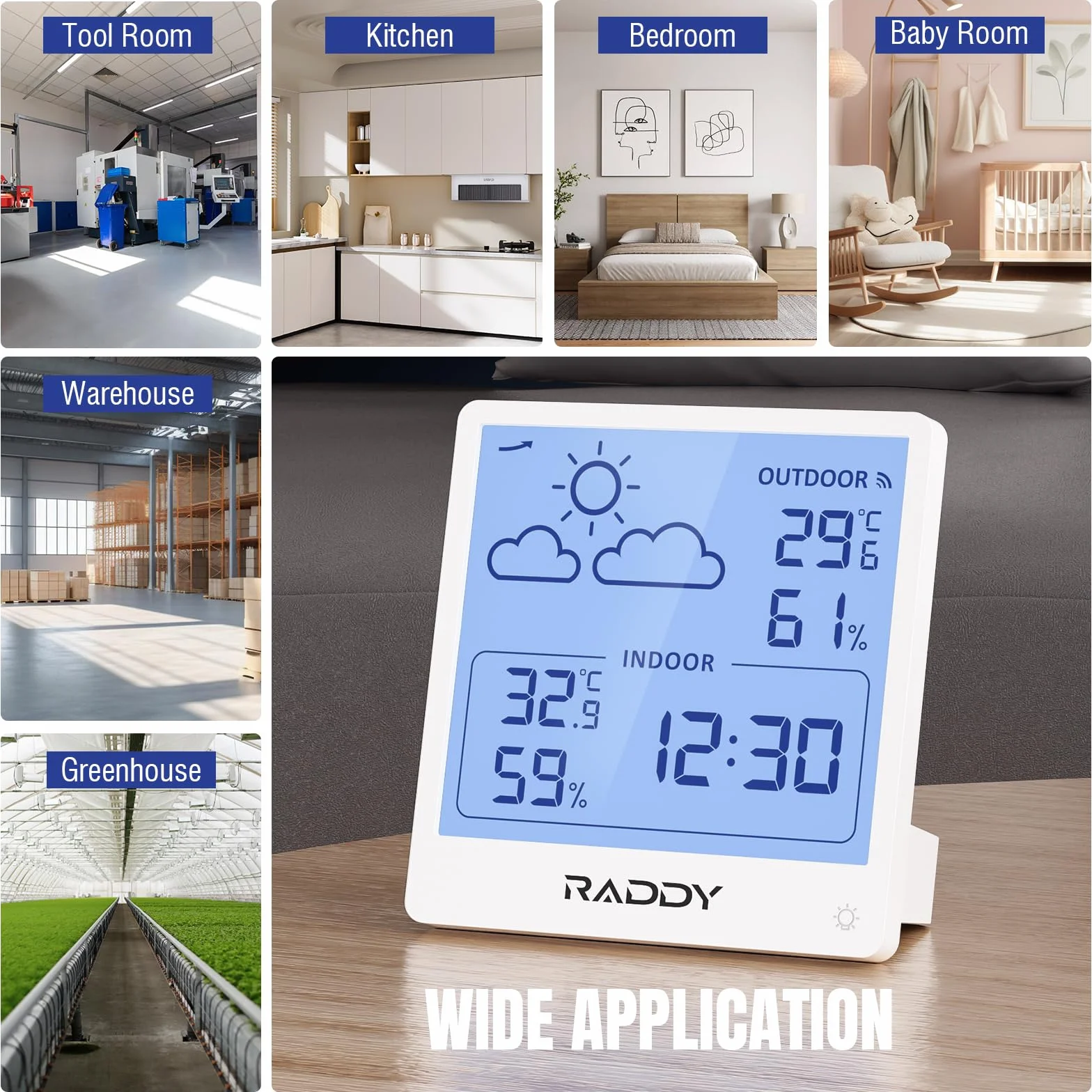 Raddy WF-50 Station météo sans fil thermomètre hygromètre intérieur extérieur 5" TN écran prévisions météo capteur à distance barométrique Blanc