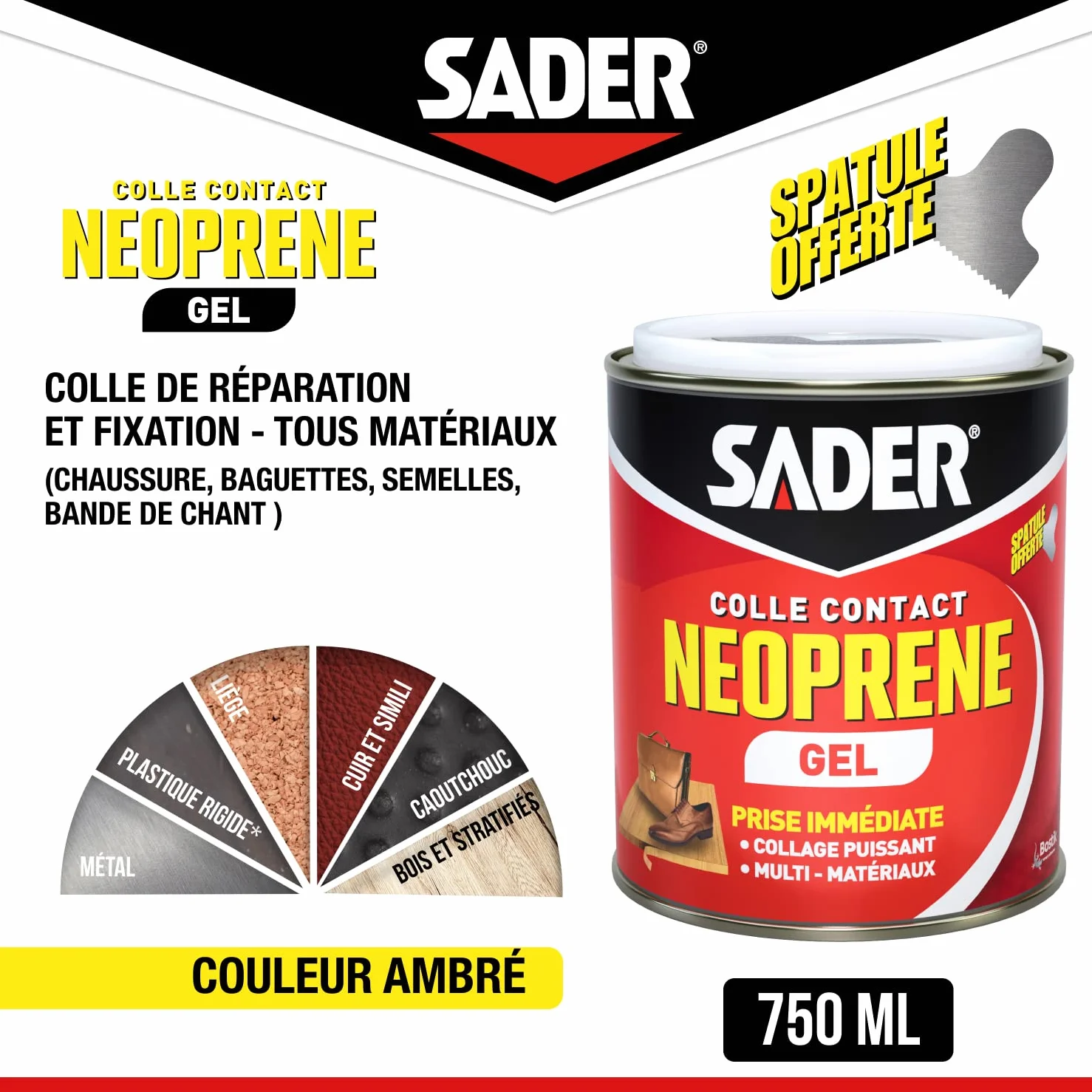 Sader Colle Contact Néoprène Gel – Colle Extra Forte Tous Matériaux – Prise Immédiate – Idéale pour Supports Poreux ou Verticaux – Spatule Incluse – Boîte de 750 ml