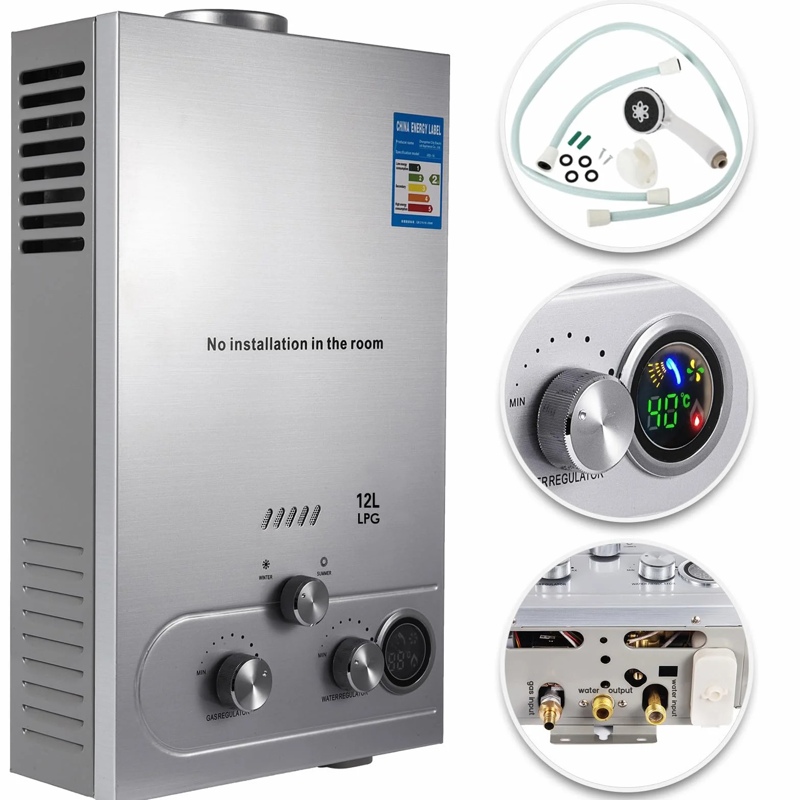 Chauffe-eau à Gaz 12LPM 24KW Inoxydable Pression d'eau Ultra basse Camping-car