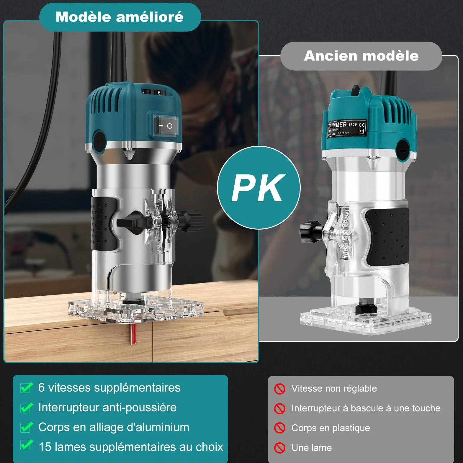 Fraiseuse verticale 800 W, défonceuse électrique pour bois, 30 000 tr/min Fraiseuse électrique à 6 vitesses variables avec 15 fraises à rainurer pour chanfreiner, rainurer, fraiser, poinçonner
