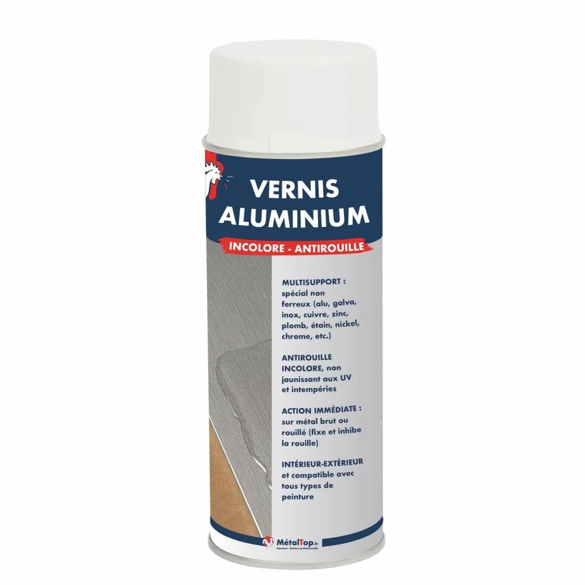 Metaltop - Vernis Aluminium - Bombe 400 ml - Pour une bonne adhérence sur l'aluminium, l'inox et le zinc