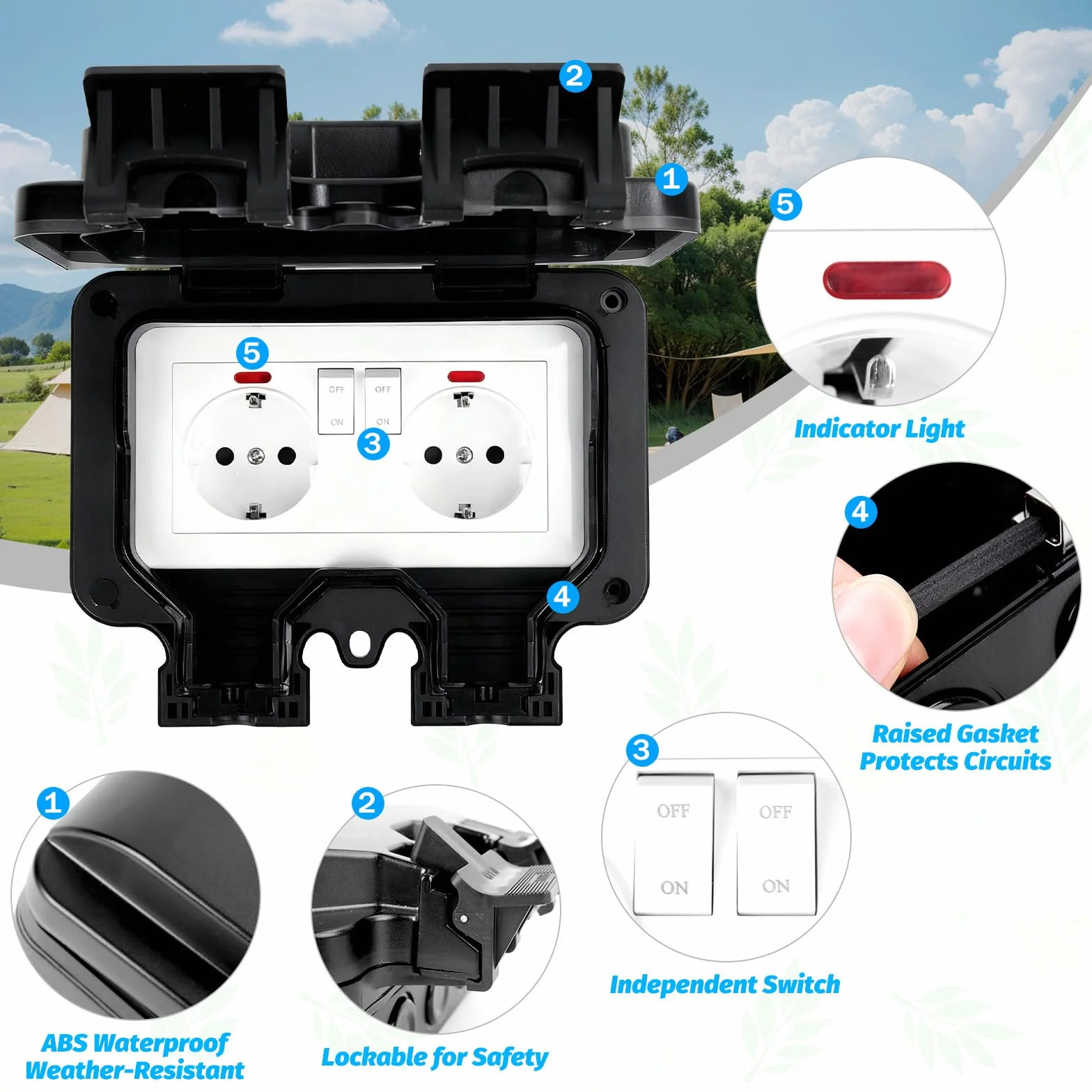 Prise Exterieure Etanche IP66 avec Interrupteur et Voyant Lumineux, Prise Etanche Exterieur en Saillie pour le Jardin, Espaces Extérieurs et Garage
