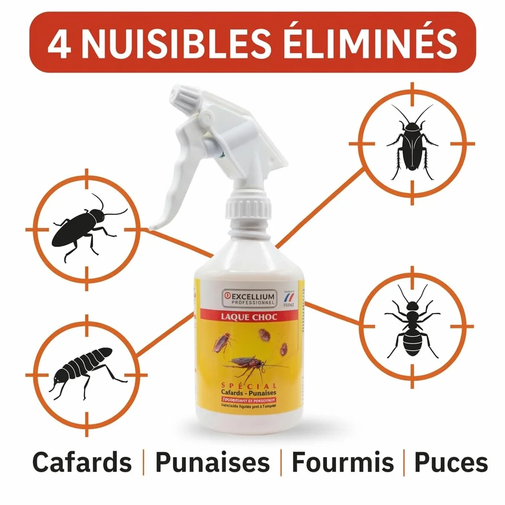 Excellium Laque Choc Insecticide Spécial Cafards et Punaises Spray Prêt à l'Emploi 500 ml