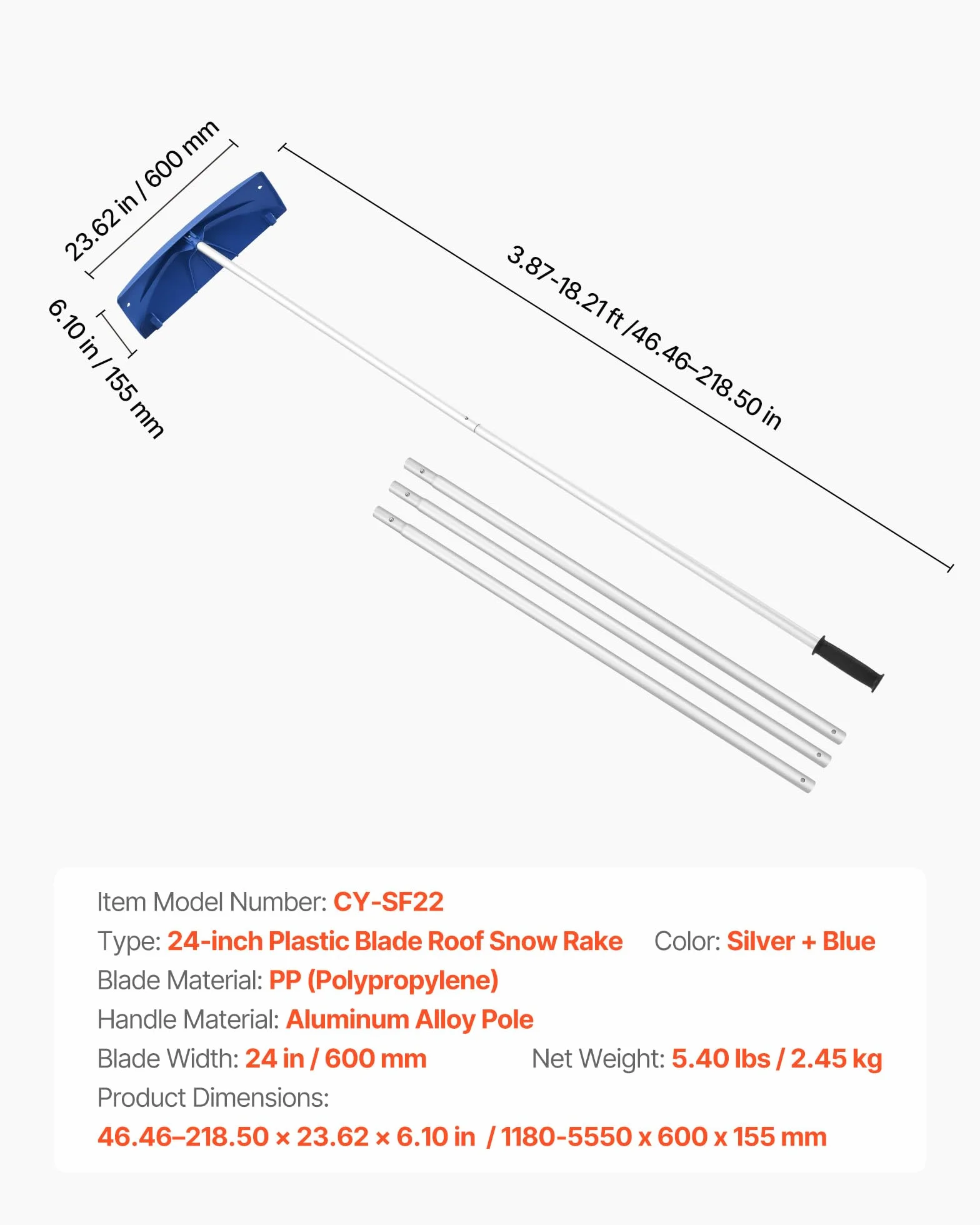 VEVOR Râteau à Neige de Toit 60 cm Réglable 1,18-5,5 m Grattoir Plastique PP Roues Inférieures