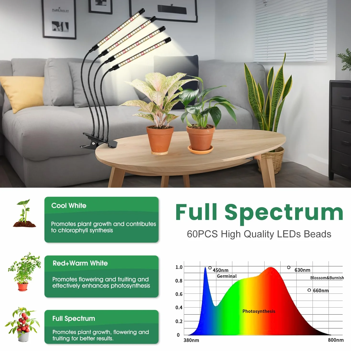 Garpsen Lampe pour plantes 80 LEDs Lampe de culture 4 têtes spectre complet avec minuterie Auto ON Off 4/8/12H 3 modes 10 niveaux luminosité