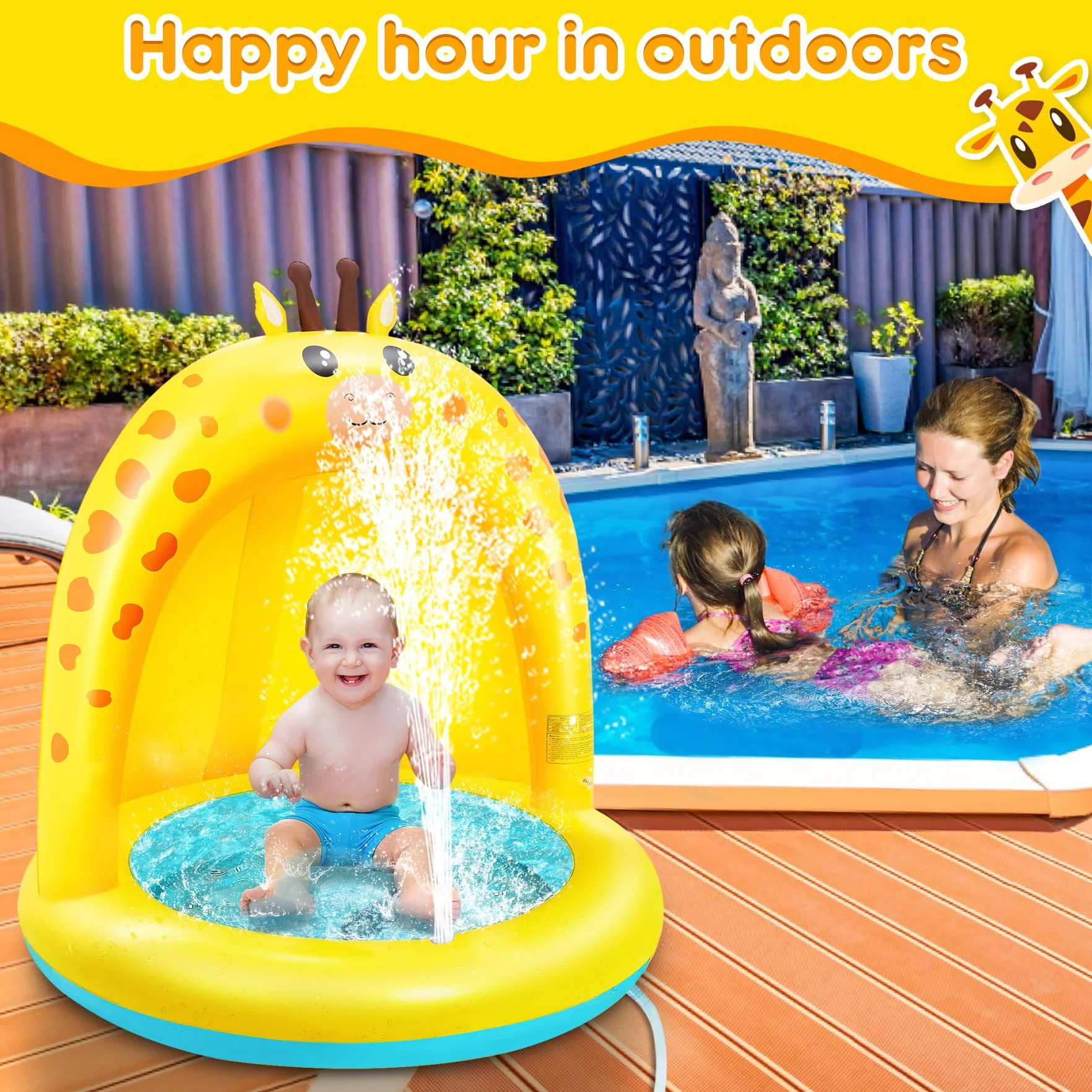 Lenbest Piscine Gonflable Enfant Girafe Pataugeoire Bébé avec Auvent Épaississant Fond à Bulles Extra Doux