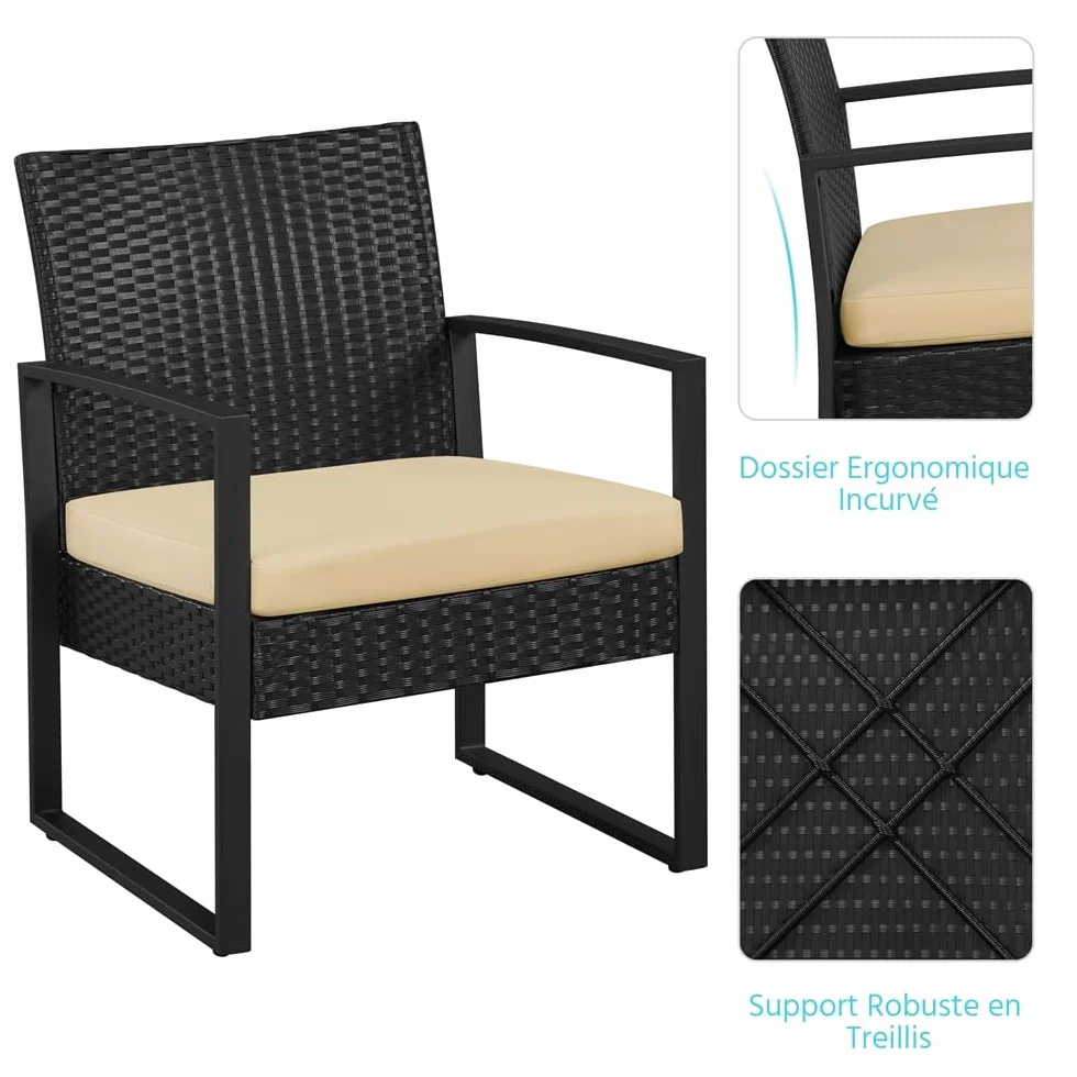 Yaheetech Salon de Jardin Exterieur 2 Fauteuils 1 Table Basse Poly Rotin Metal Noir/Kaki