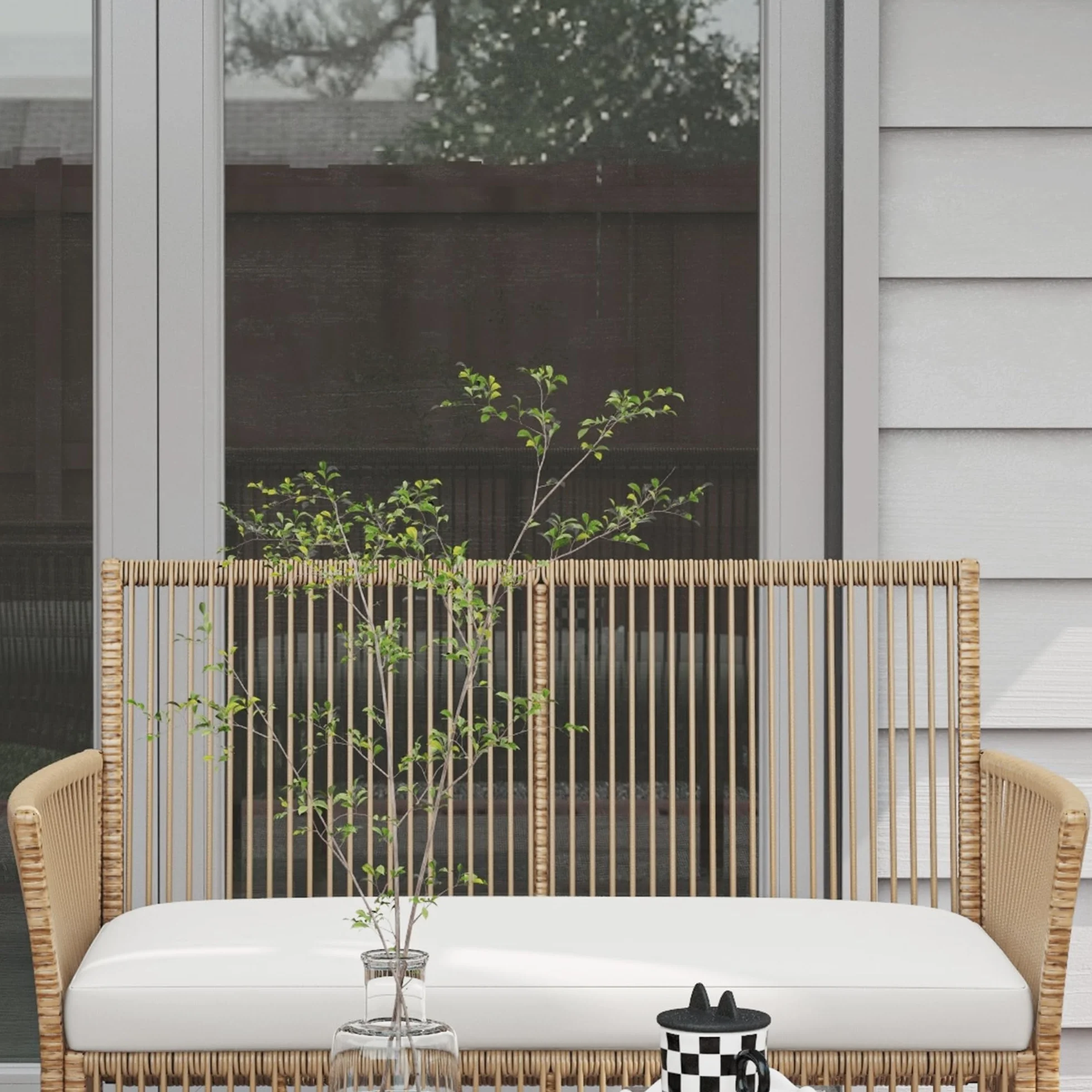 Outsunny Salon de Jardin 4 pièces Canapé 2 Places Fauteuils Table Basse Verre trempé Noir Métal Résine tressée Beige