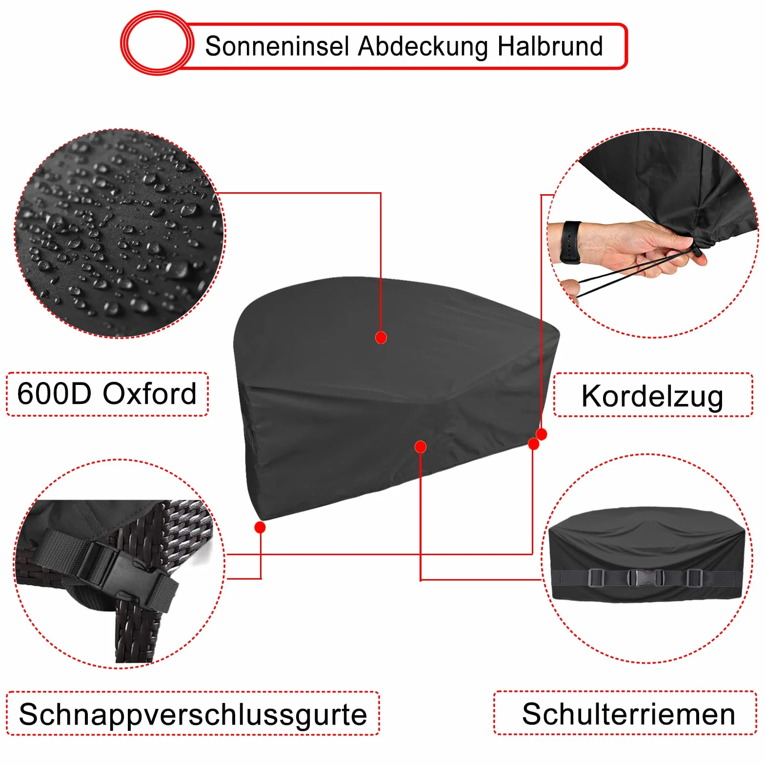Housse Lit de Jardin Demi Cercle 600D Imperméable Anti-Vent avec Bandoulière Noir 230x120x100cm